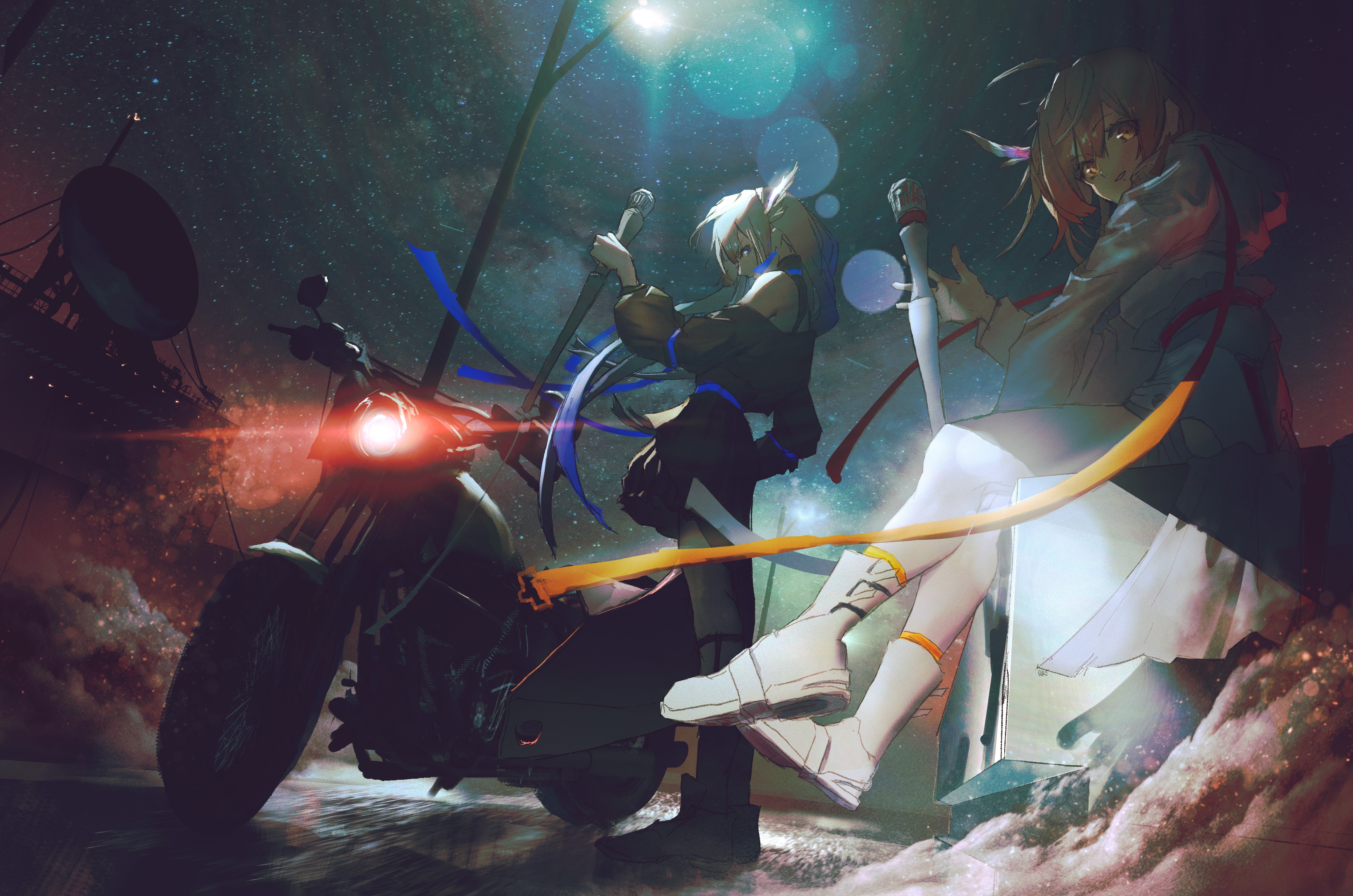 4K Anime Girls with Swords and Motorcycle at Night HD Wallpaper