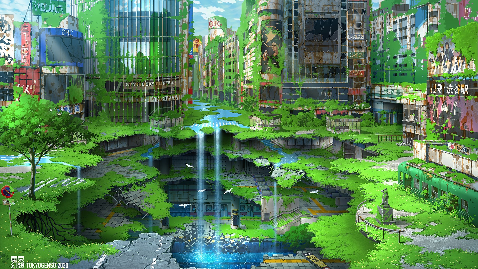 Abandoned TokyoGenso City with Overgrown Nature and Waterfalls HD Wallpaper