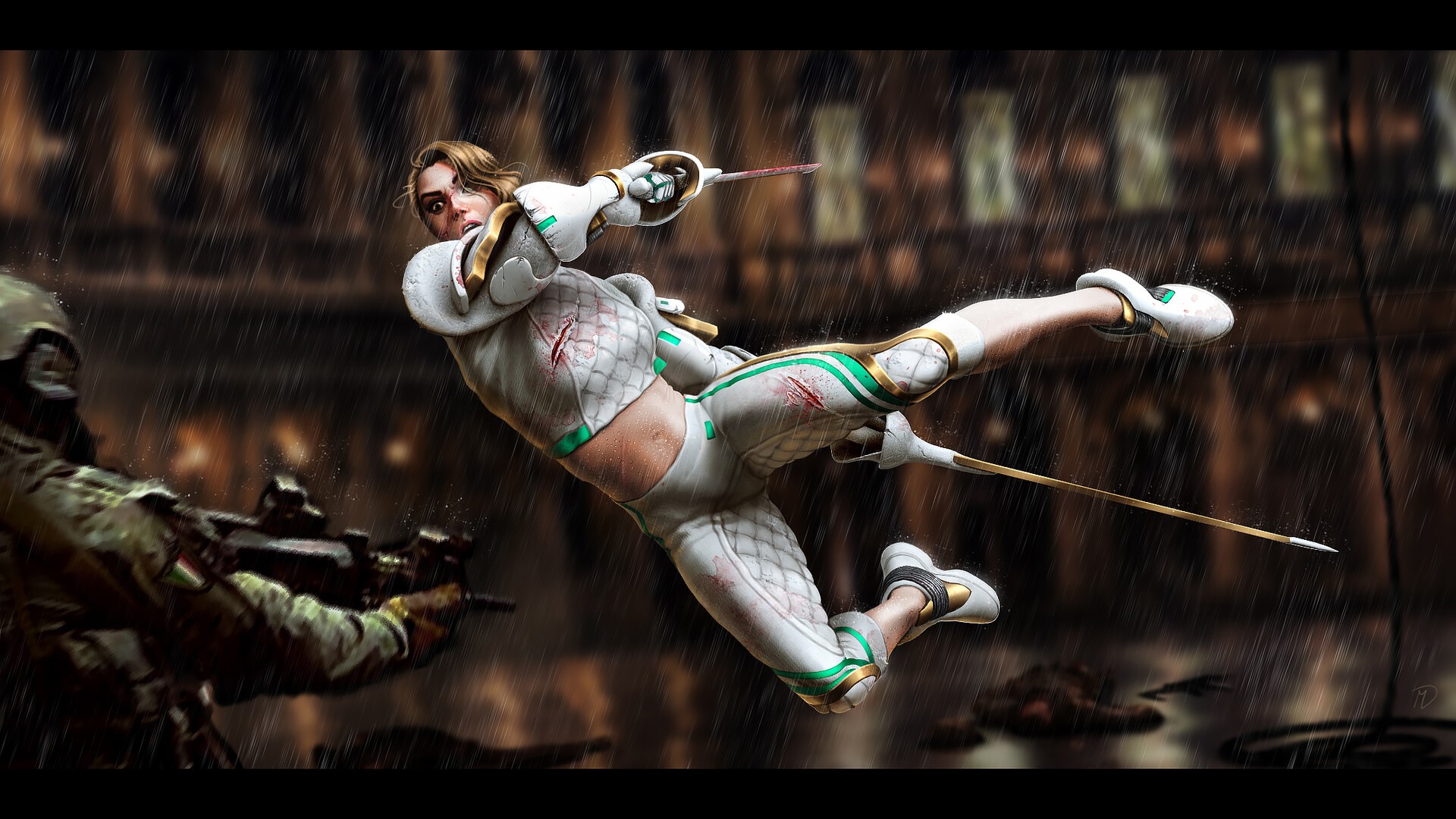 Woman fencer in white suit fighting in the rain HD Wallpaper