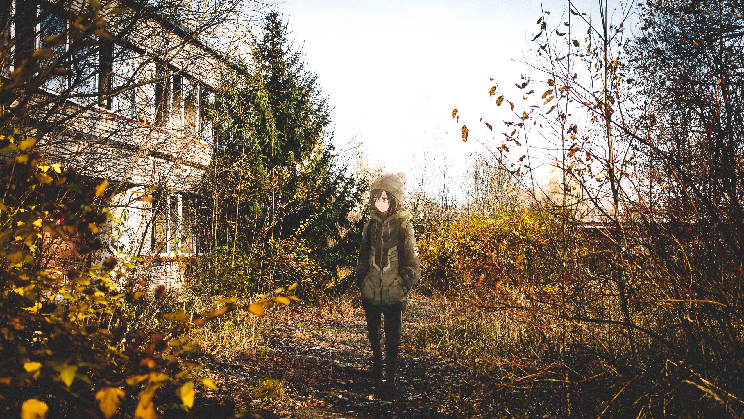 Anime girl in a forest with abandoned building HD Wallpaper