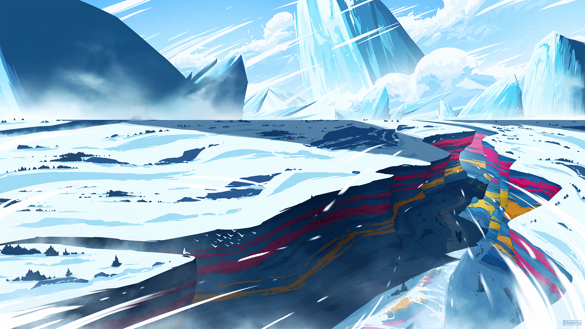 Digital art of a snowy landscape with ice mountains HD Wallpaper