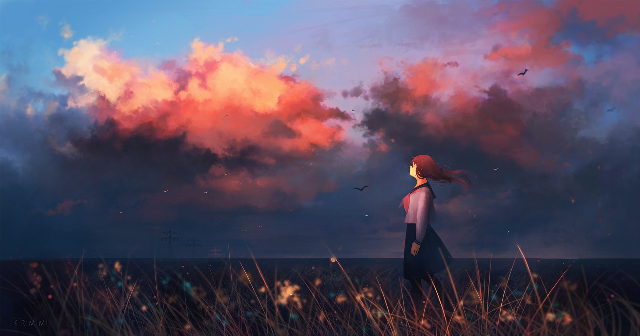 Anime girl in a field looking at colorful clouds HD Wallpaper