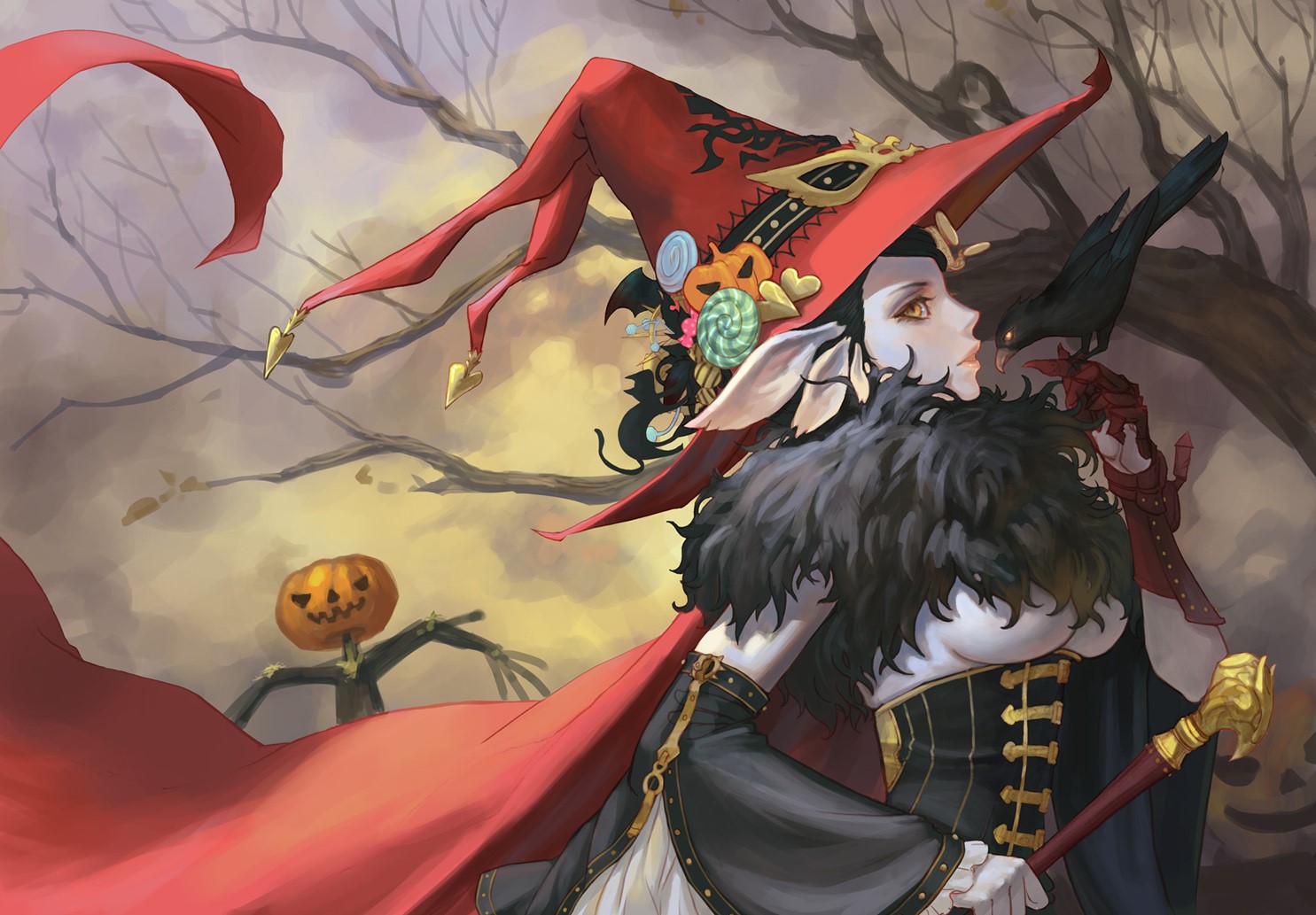 Halloween witch with crow and pumpkin scarecrow HD Wallpaper