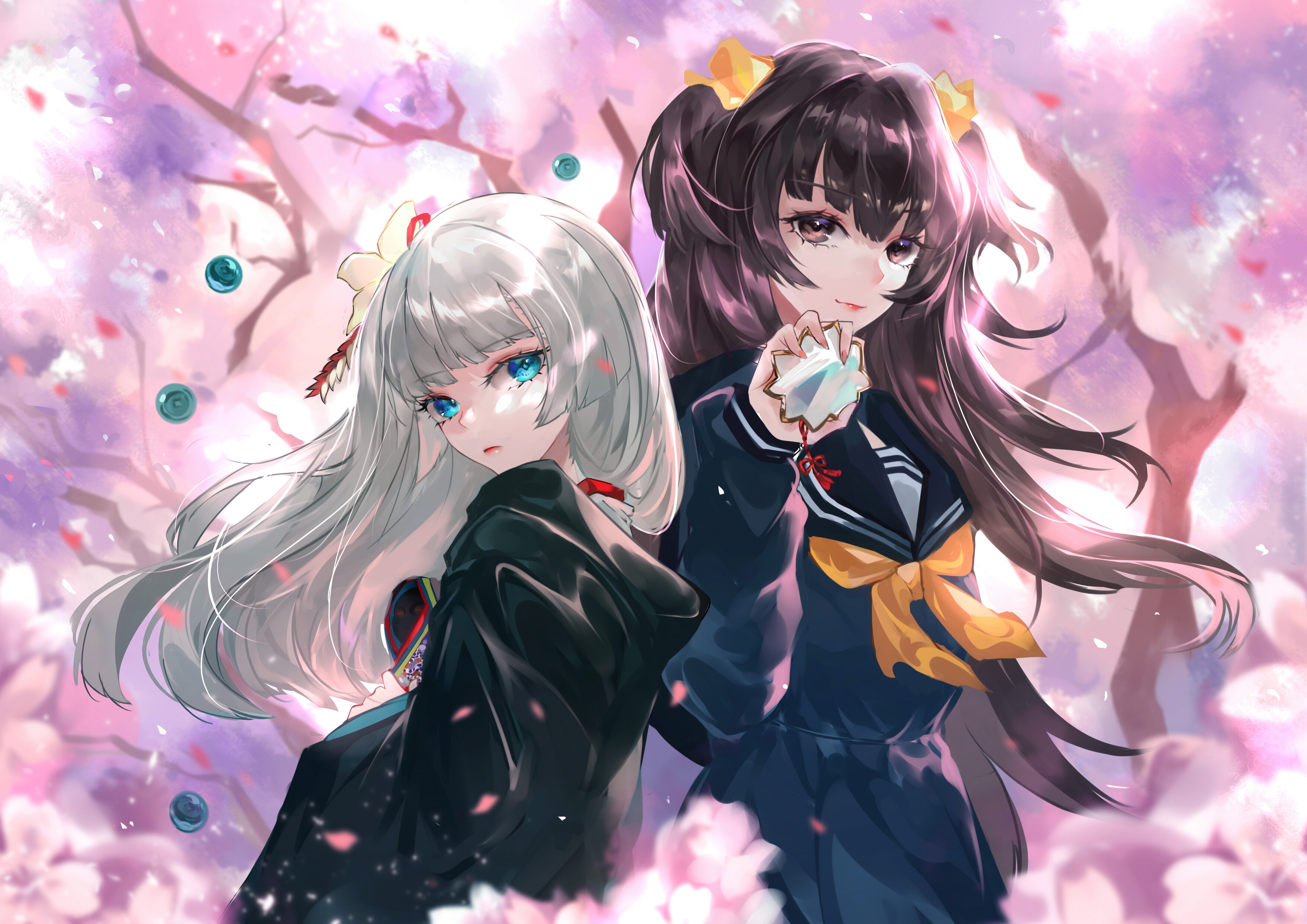 Two anime girls with silver and brown hair under cherry blossoms HD Wallpaper