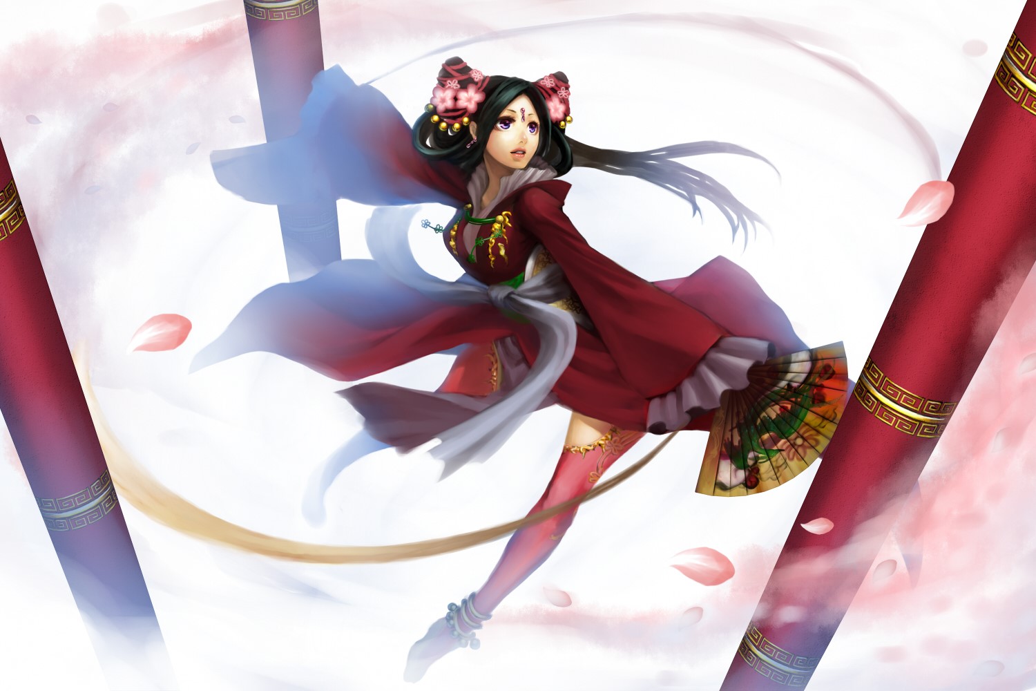 Anime girl in red kimono with hand fan HD Wallpaper