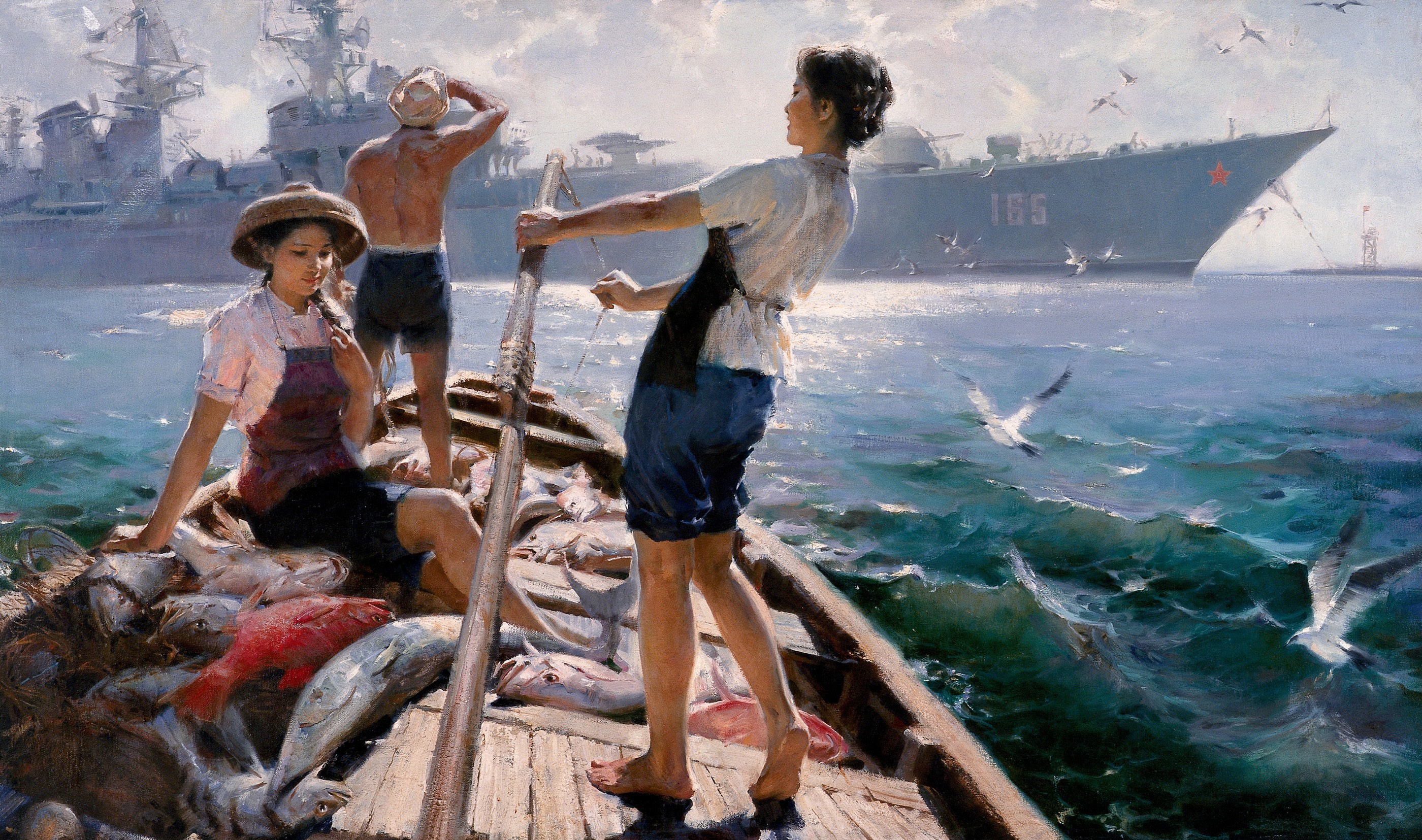Fishing boat with women and a warship HD Wallpaper
