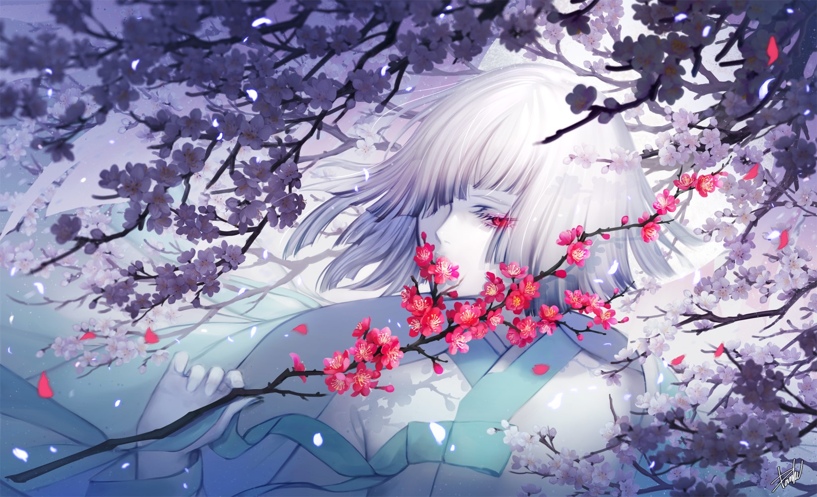 Anime girl with silver hair and red eyes among cherry blossoms HD Wallpaper