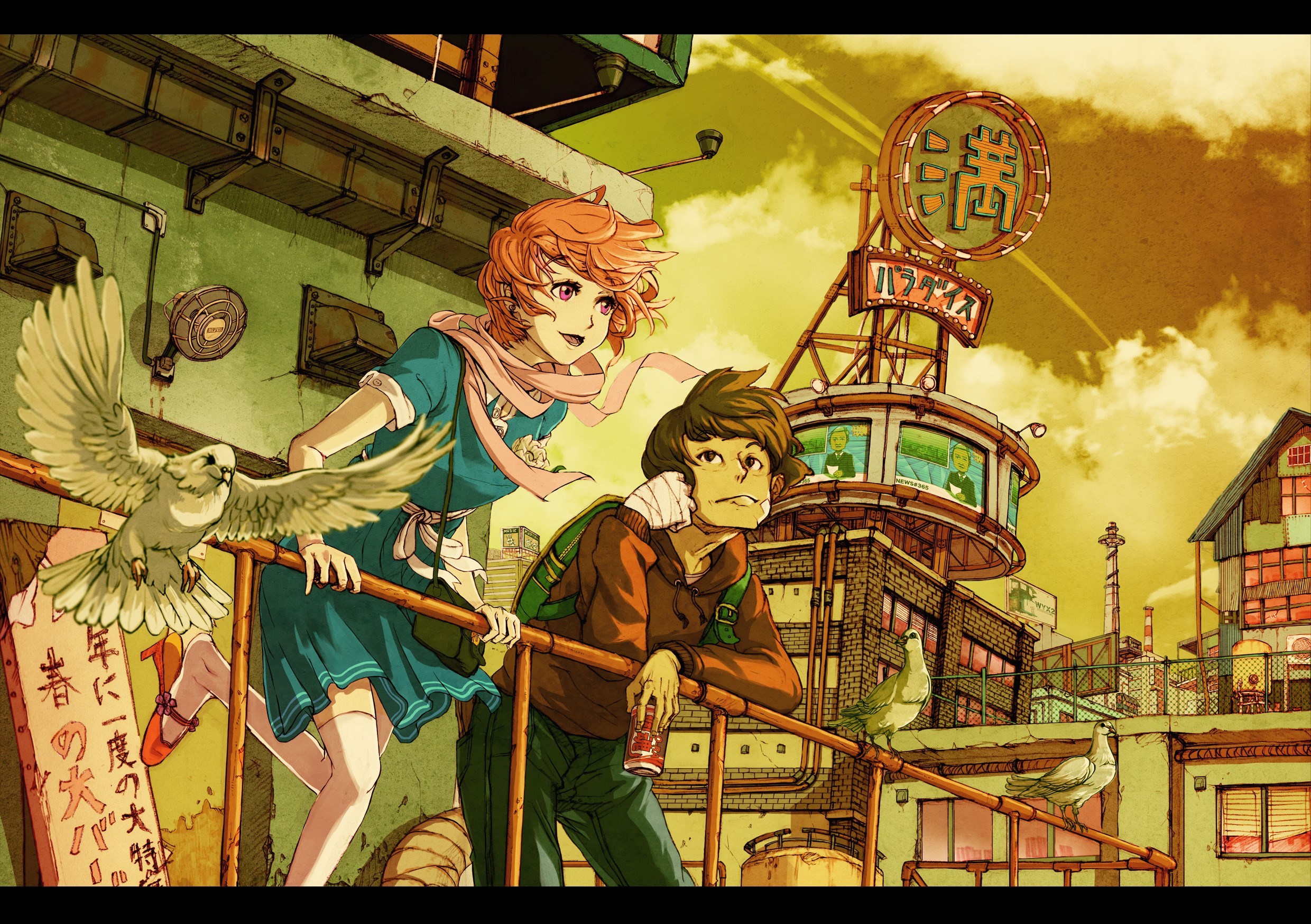 Anime characters with pigeons in a city HD Wallpaper
