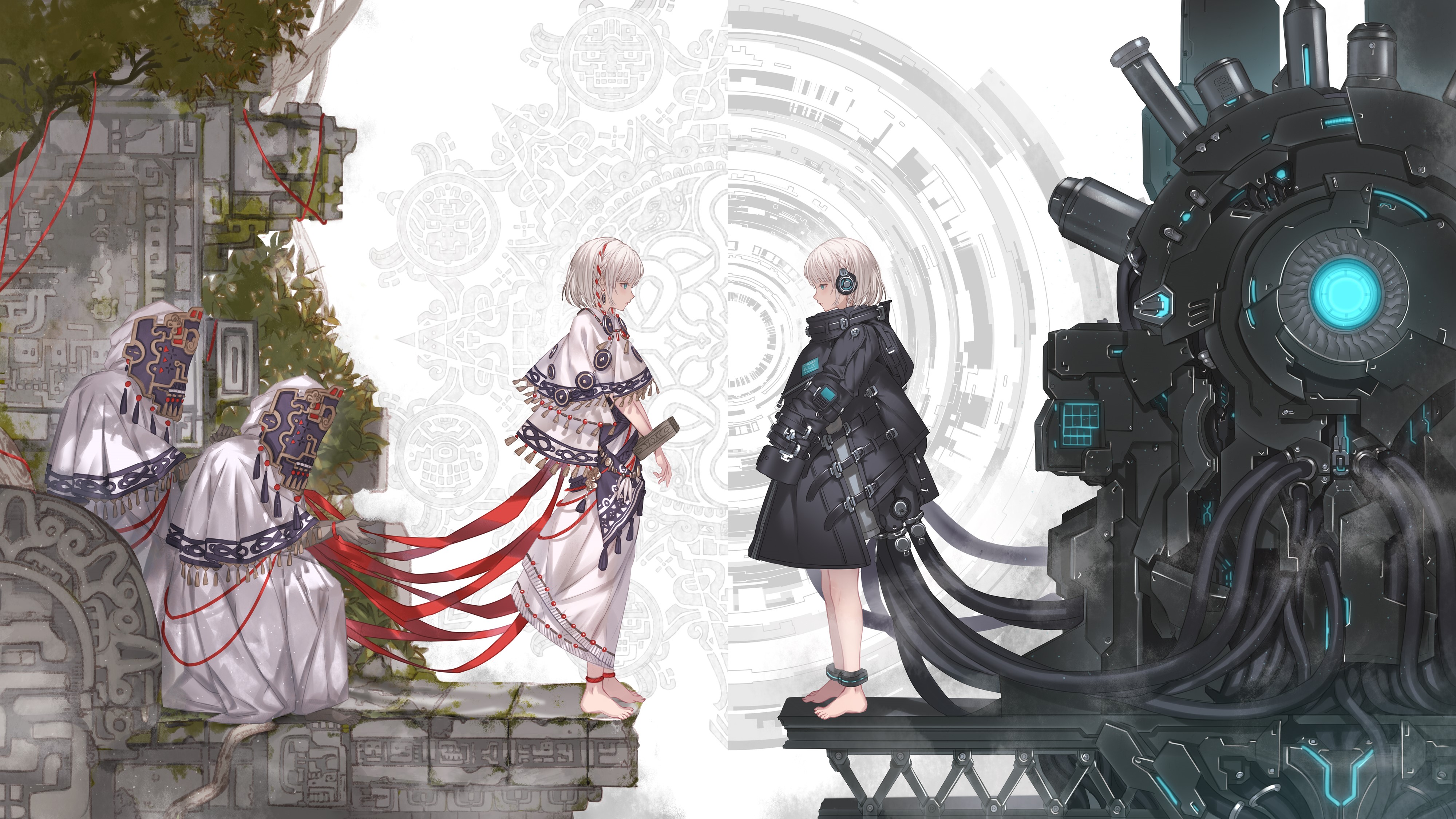 Anime girls in traditional and futuristic attire facing each other HD Wallpaper