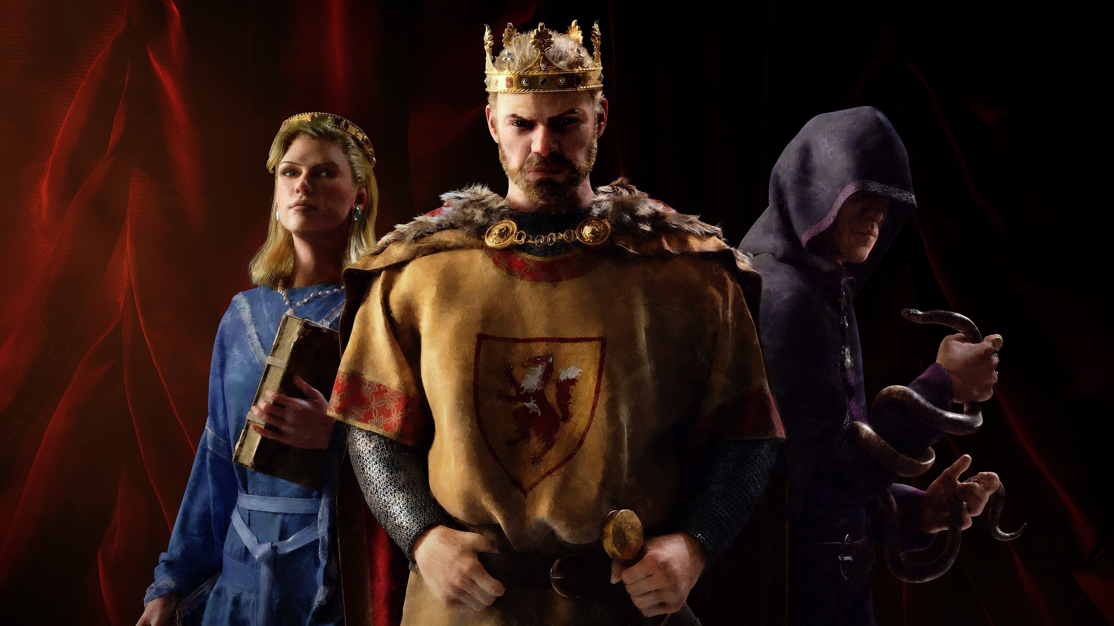 Artwork from Crusader Kings featuring a king, queen, and hooded figure HD Wallpaper