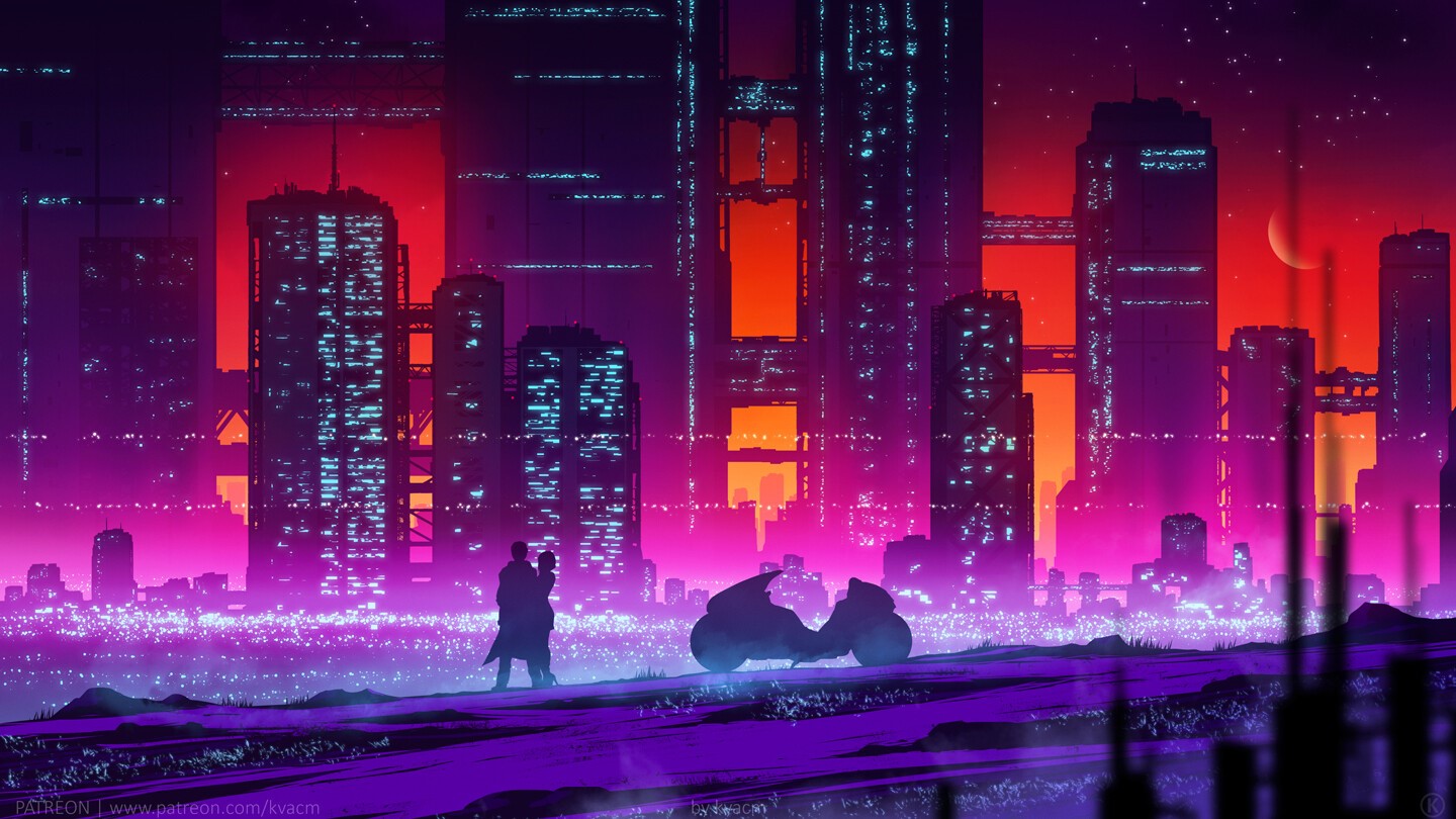 Cyberpunk city at night with a couple and a motorcycle HD Wallpaper