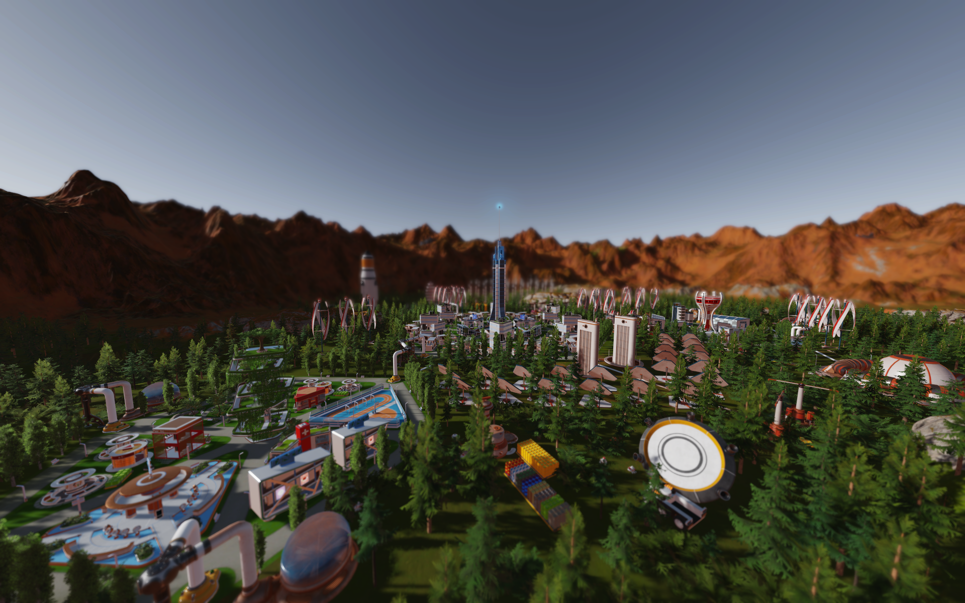 Surviving Mars colony with futuristic buildings and mountains HD Wallpaper