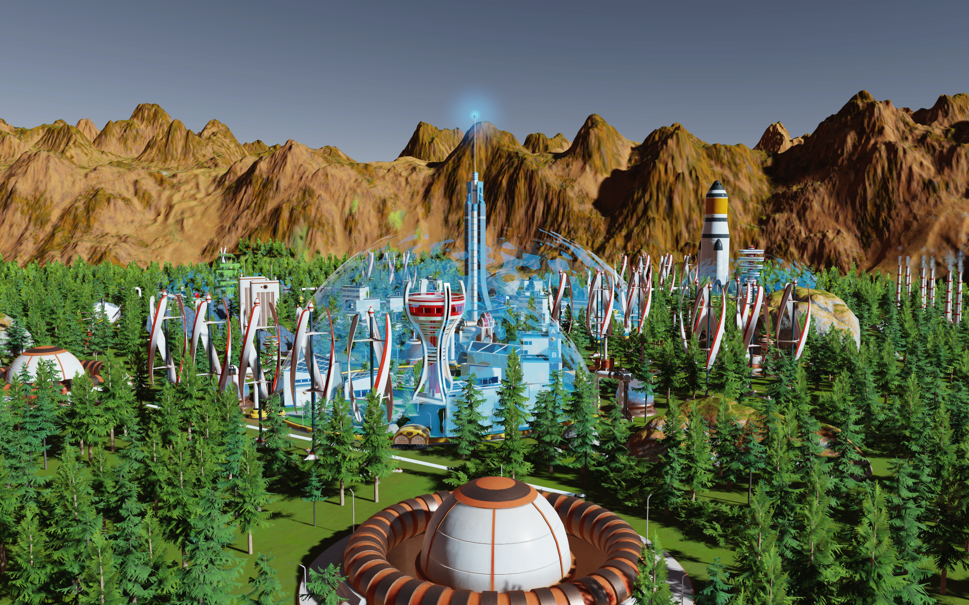Futuristic dome city on Mars with mountains and trees HD Wallpaper