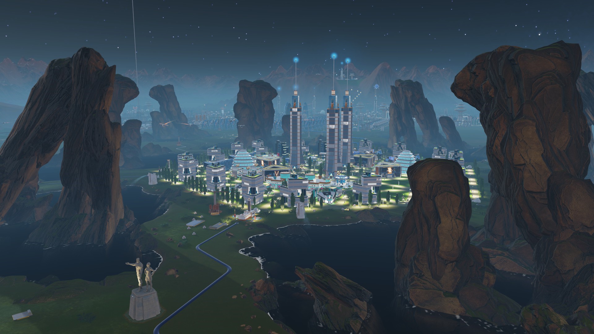 Surviving Mars futuristic city at night HD Wallpaper