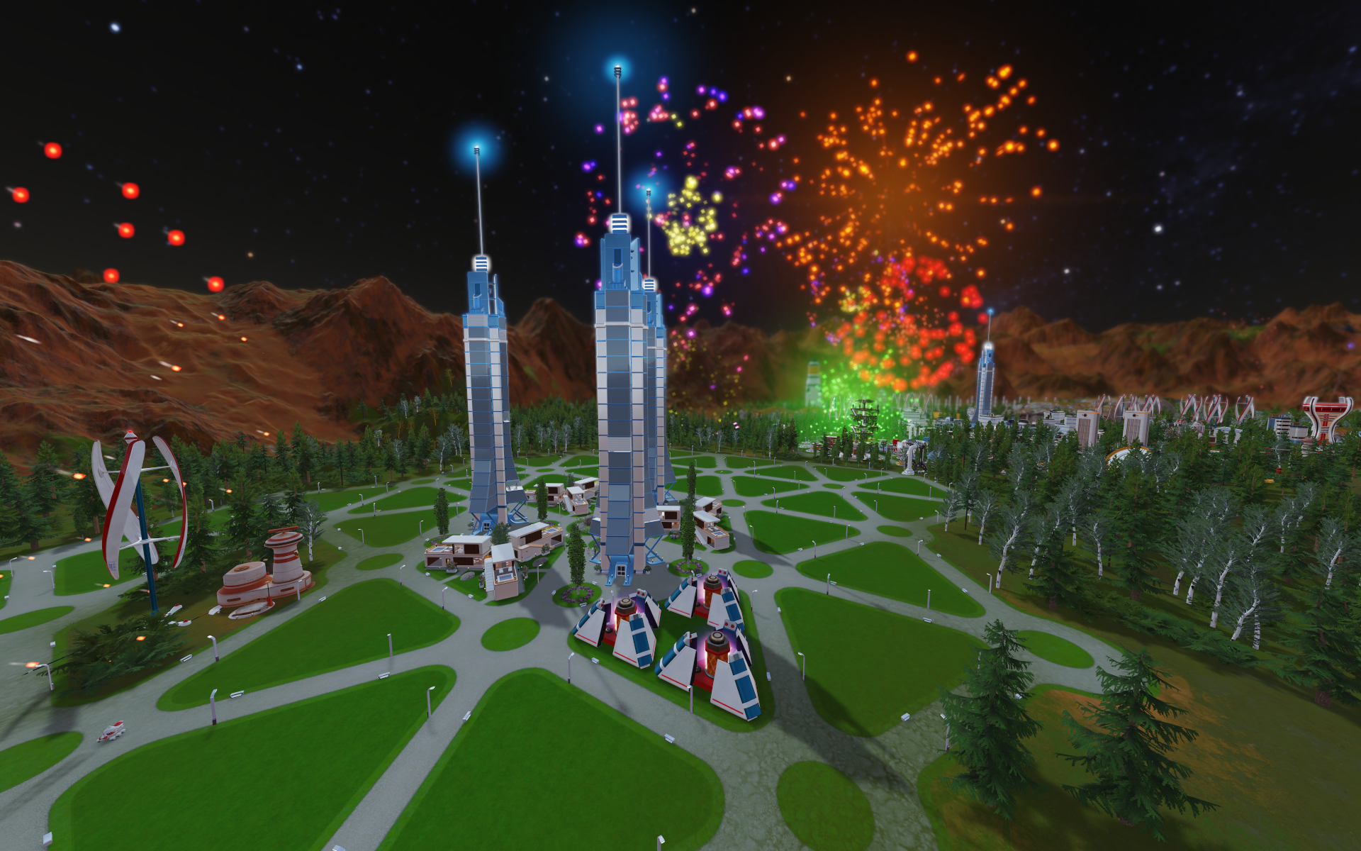 Futuristic city on Mars with fireworks HD Wallpaper