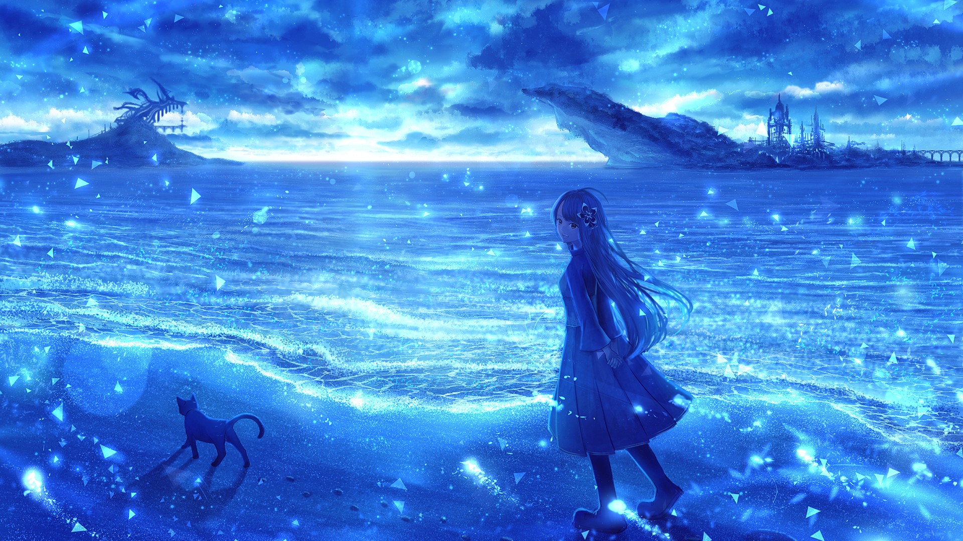 Anime girl and cat on a sparkling blue beach HD Wallpaper