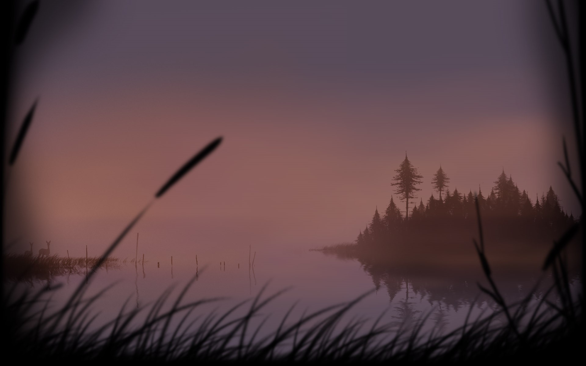 Misty lake with pine trees and deer at dusk HD Wallpaper