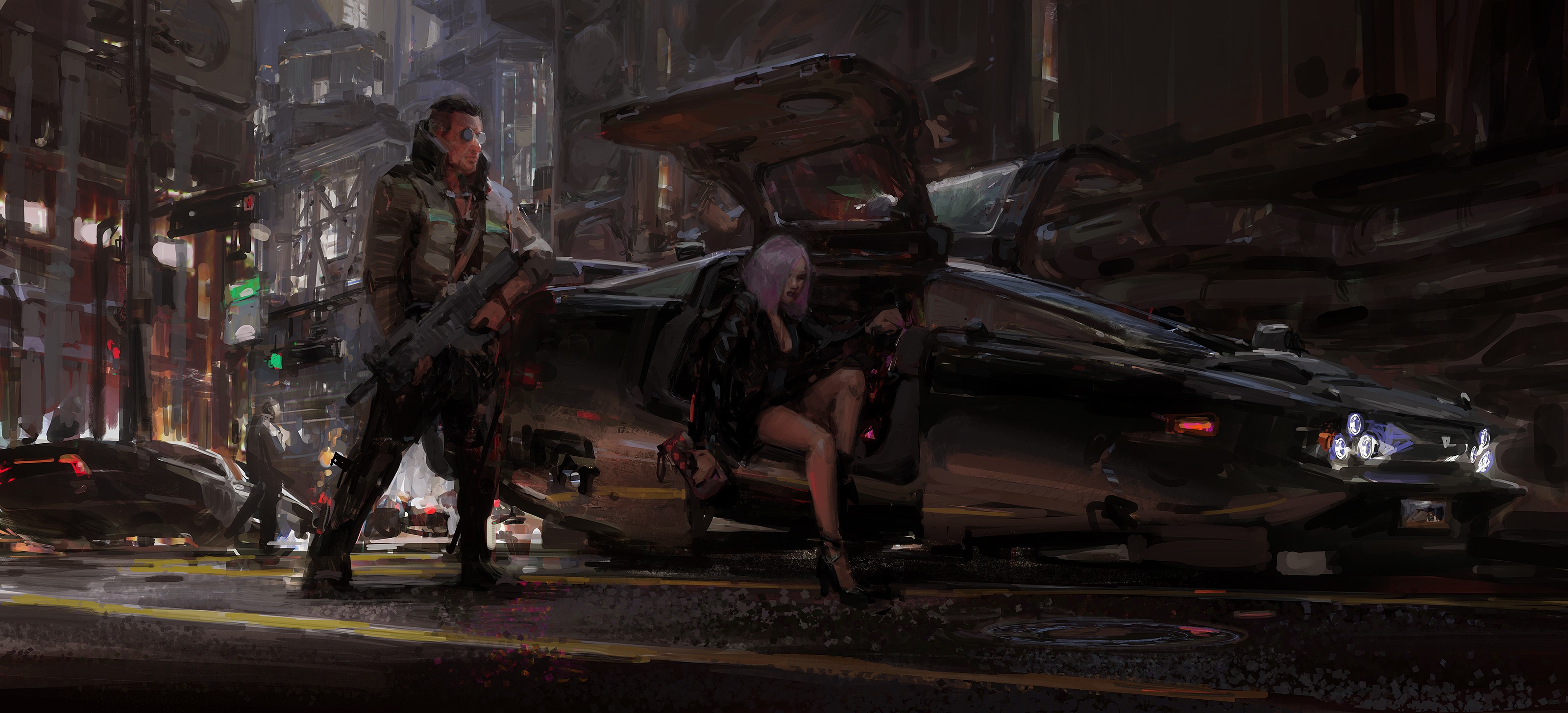 Cyberpunk characters with a futuristic car in a city HD Wallpaper