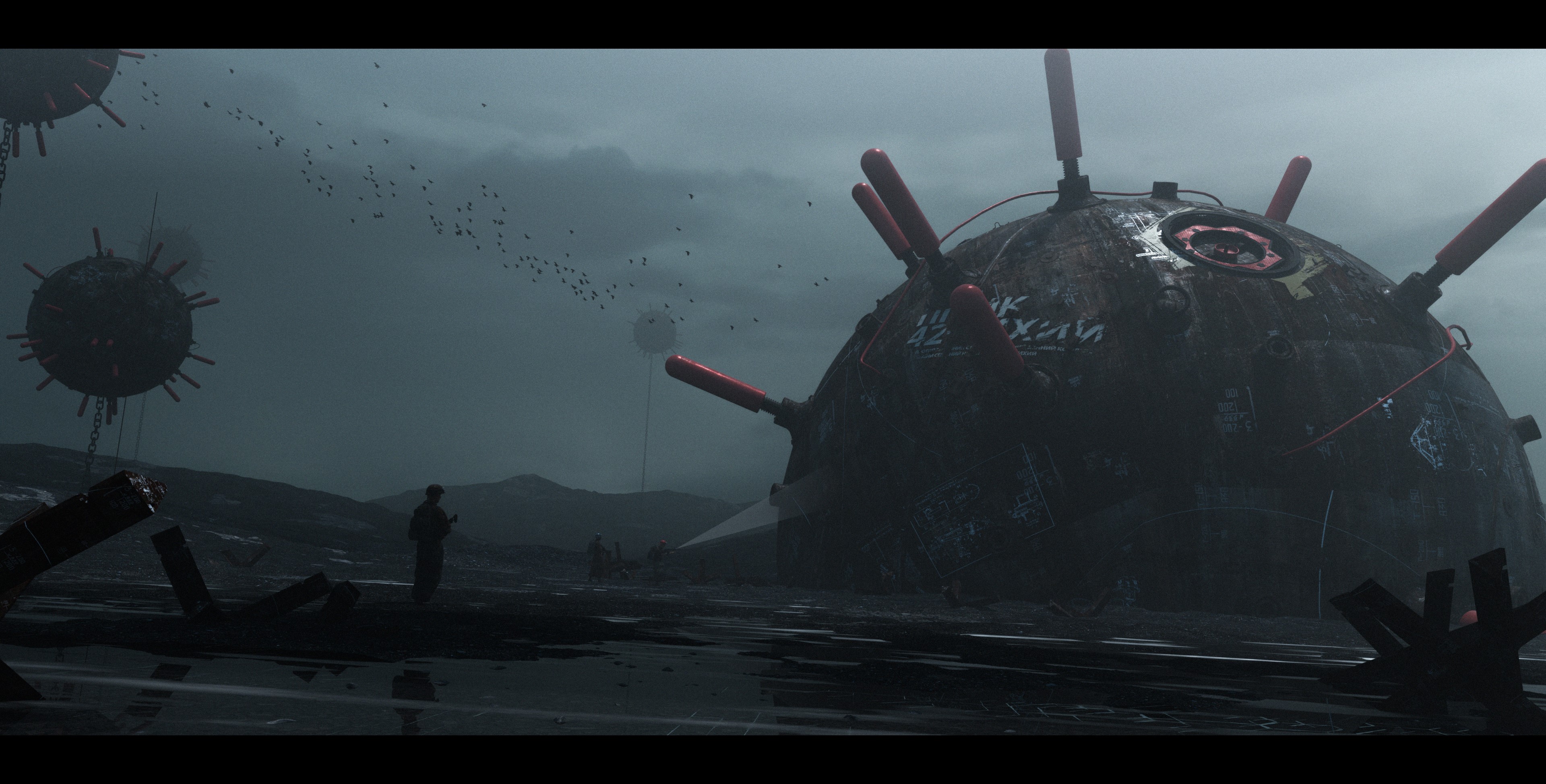 Science fiction scene with mines and soldiers HD Wallpaper