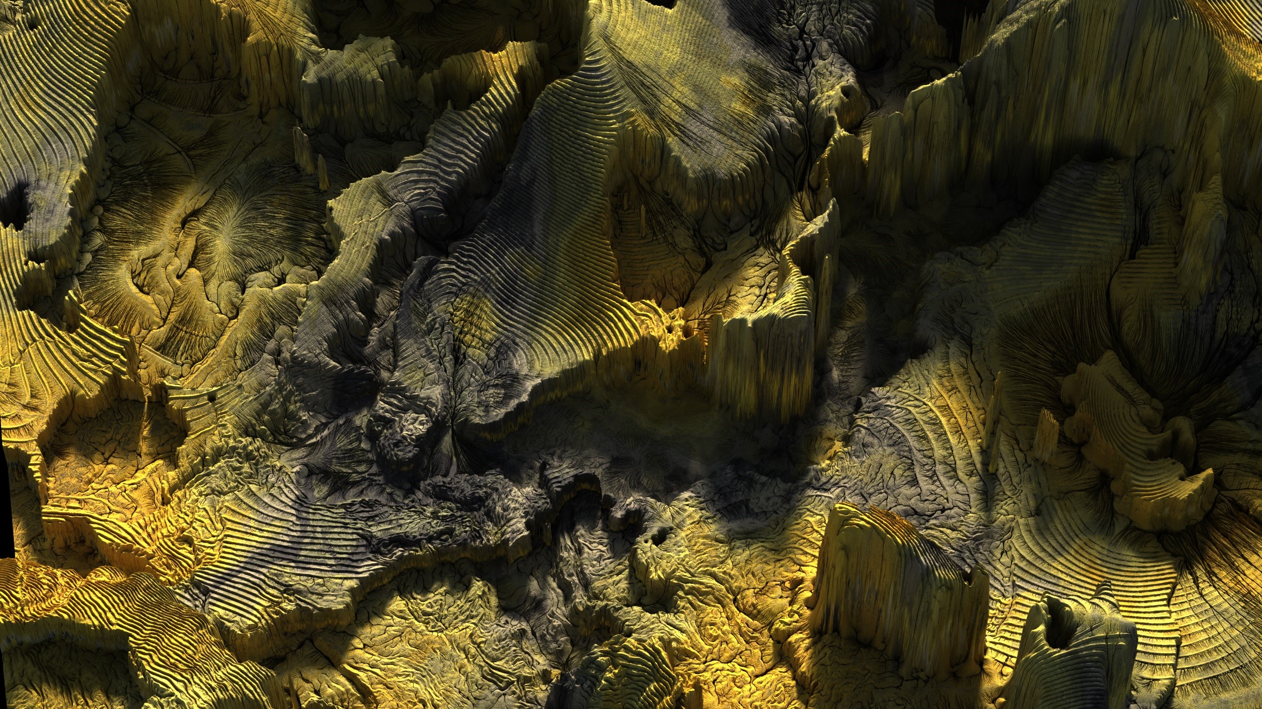 Abstract 3D fractal landscape with yellow and grey textures HD Wallpaper