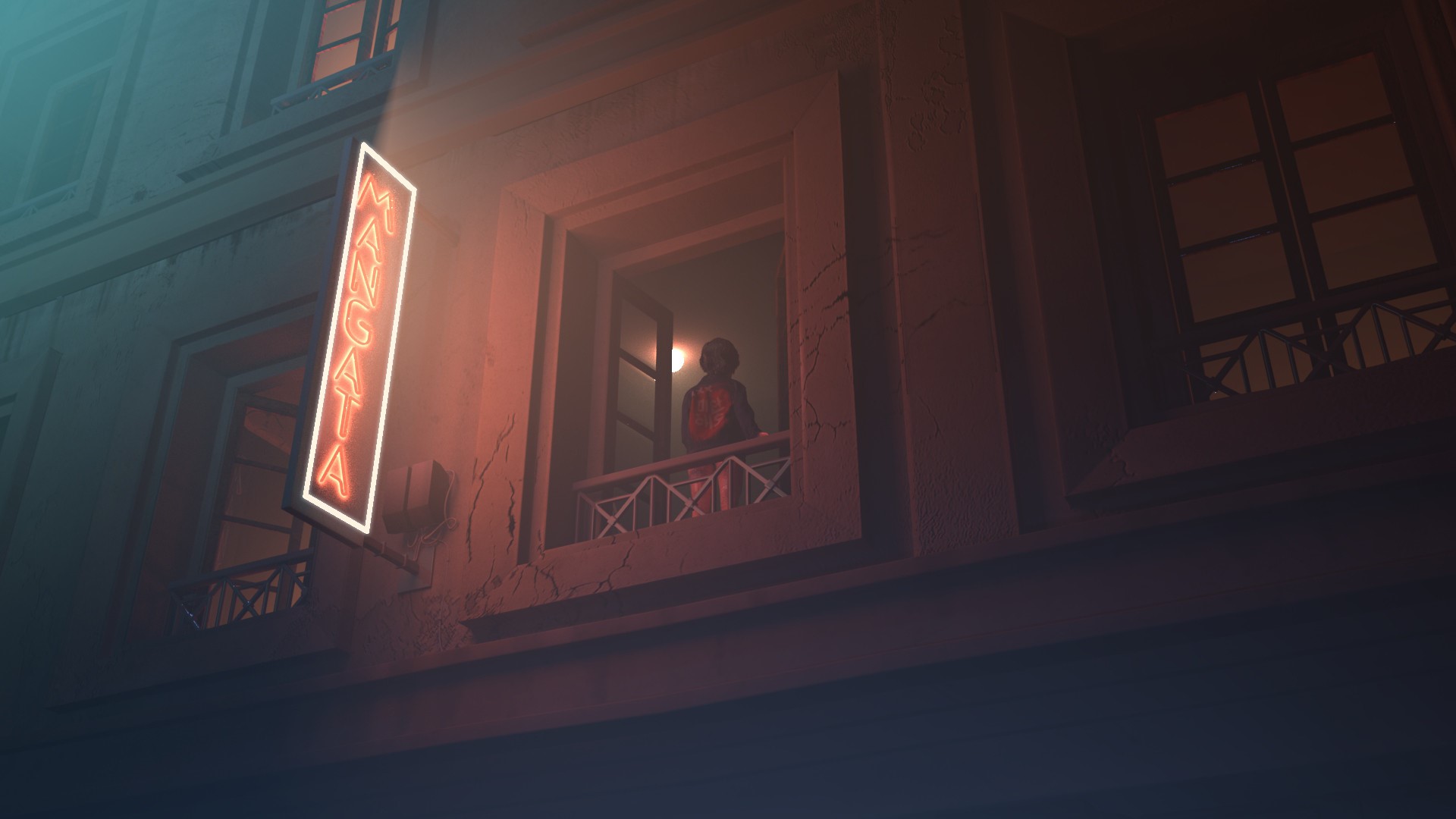 Person in window with neon sign at night HD Wallpaper
