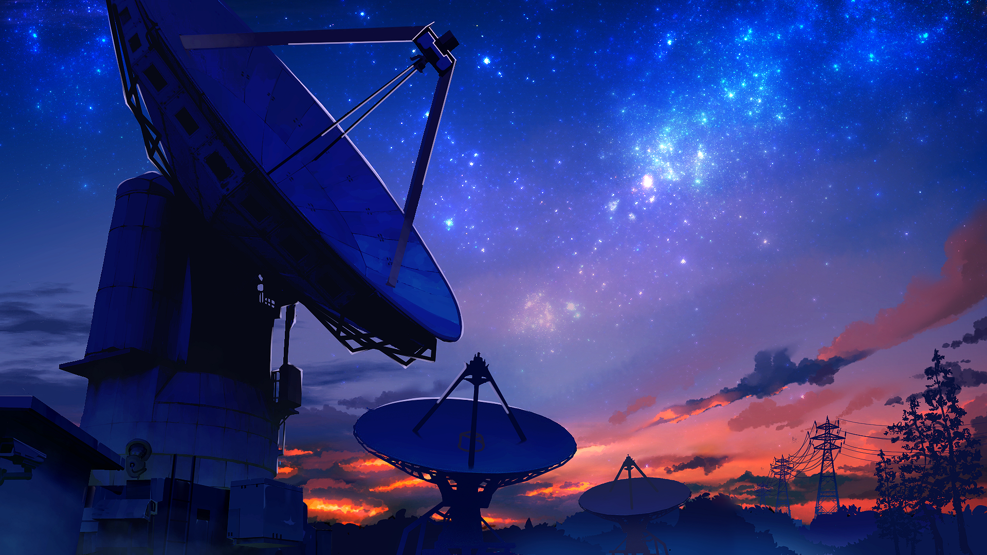 Anime satellite dishes under a starry night sky HD Wallpaper