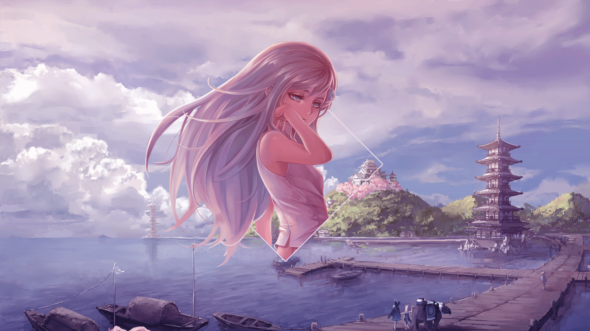 Anime girl with silver hair by the sea with pagodas HD Wallpaper