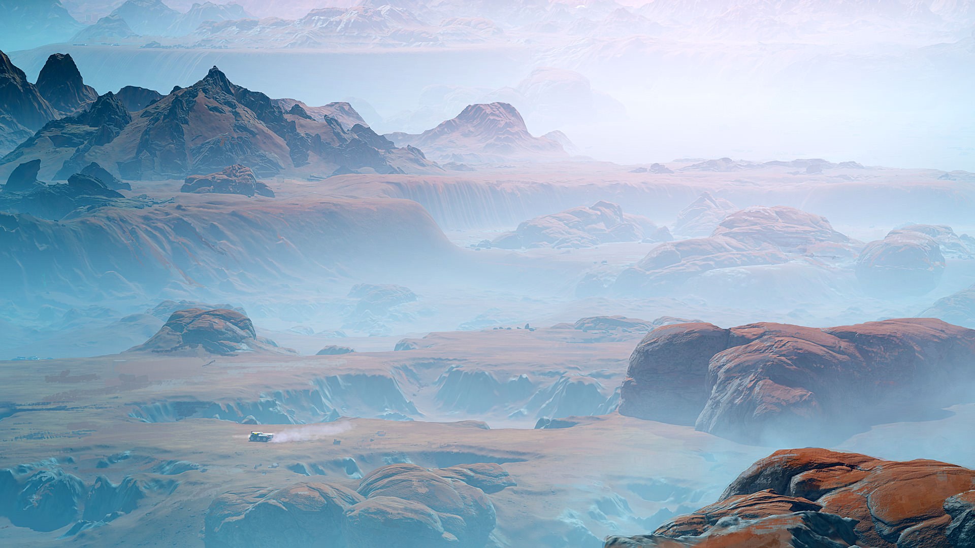 Exploration vehicle on a misty alien planet HD Wallpaper