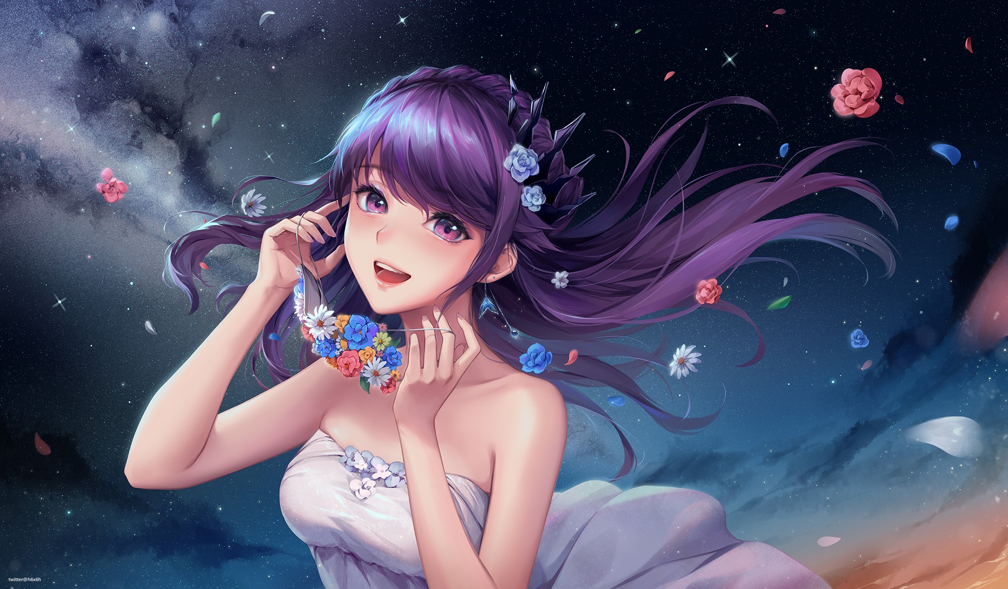 Anime girl with purple hair and flowers in starry sky HD Wallpaper