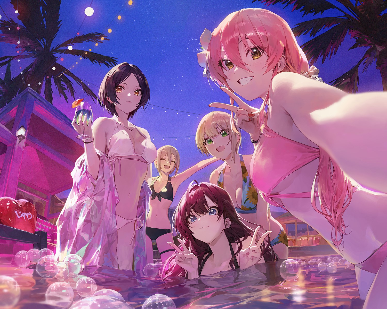 Anime girls in bikinis taking a selfie in a pool HD Wallpaper