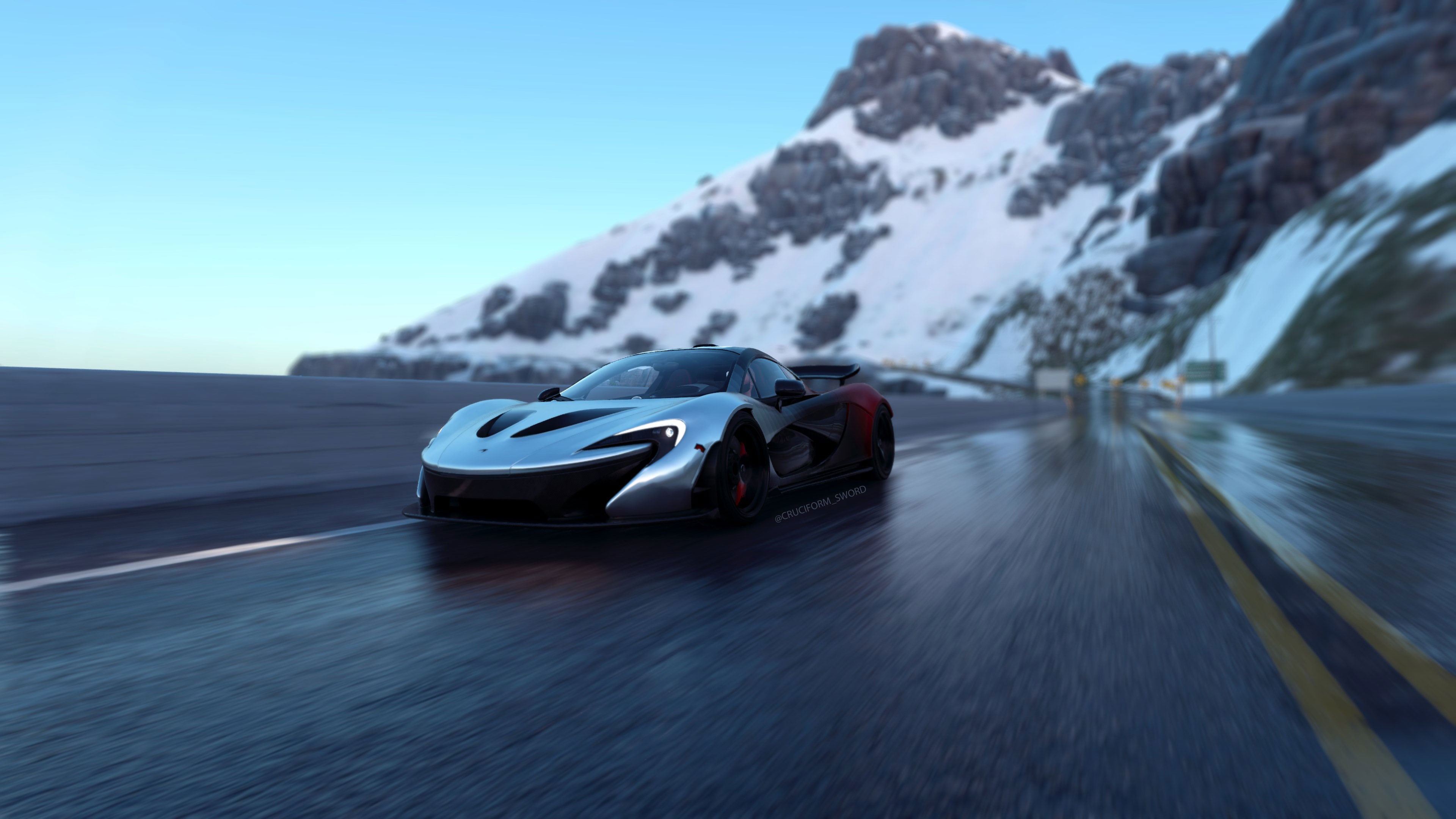 4K McLaren P1 on a wet mountain road HD Wallpaper