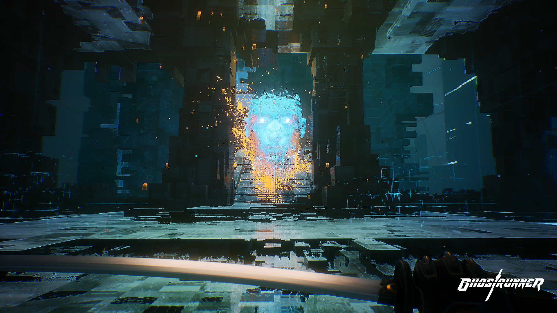 Ghostrunner hologram in futuristic city HD Wallpaper