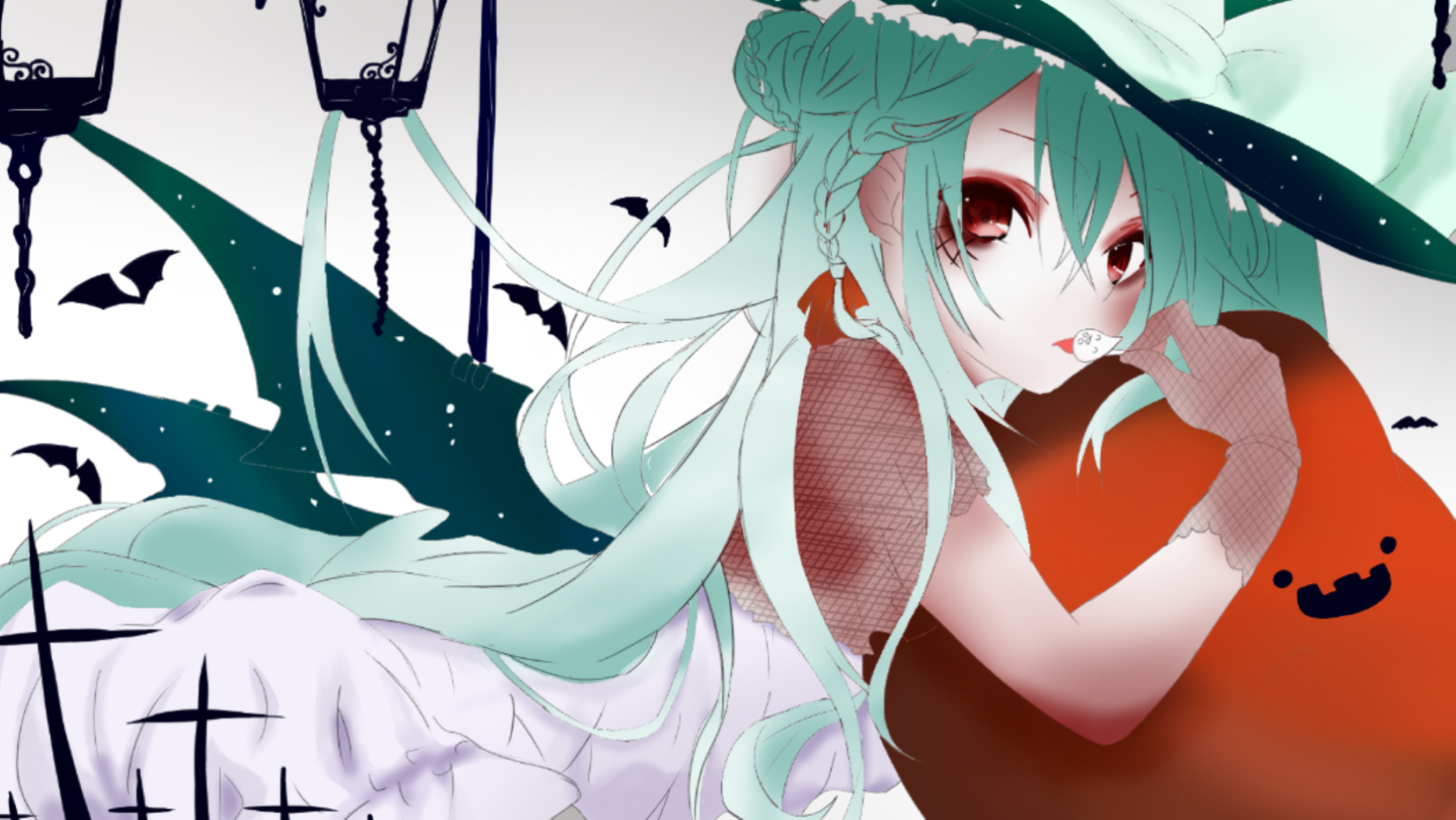 Anime girl with green hair and witch hat HD Wallpaper