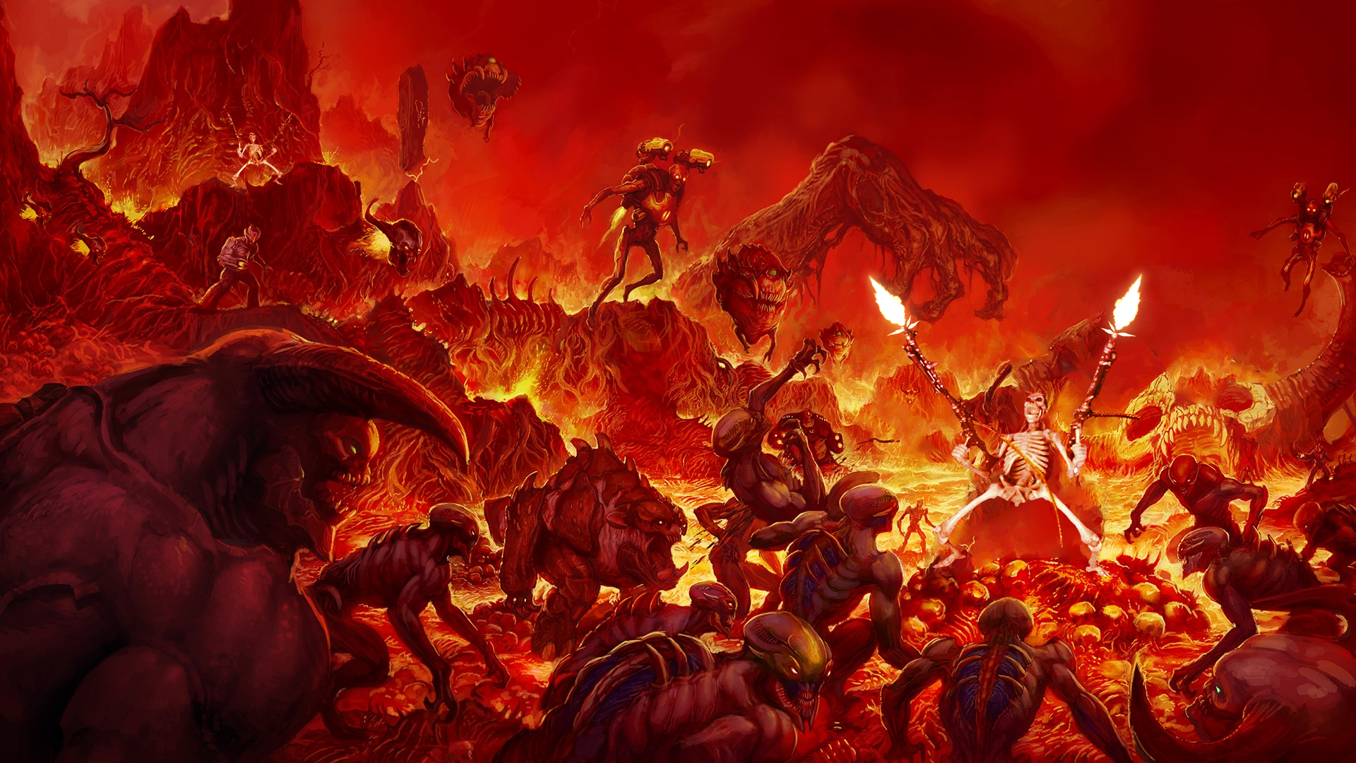 Doom Hellscape with Demons and Skeleton Warrior HD Wallpaper