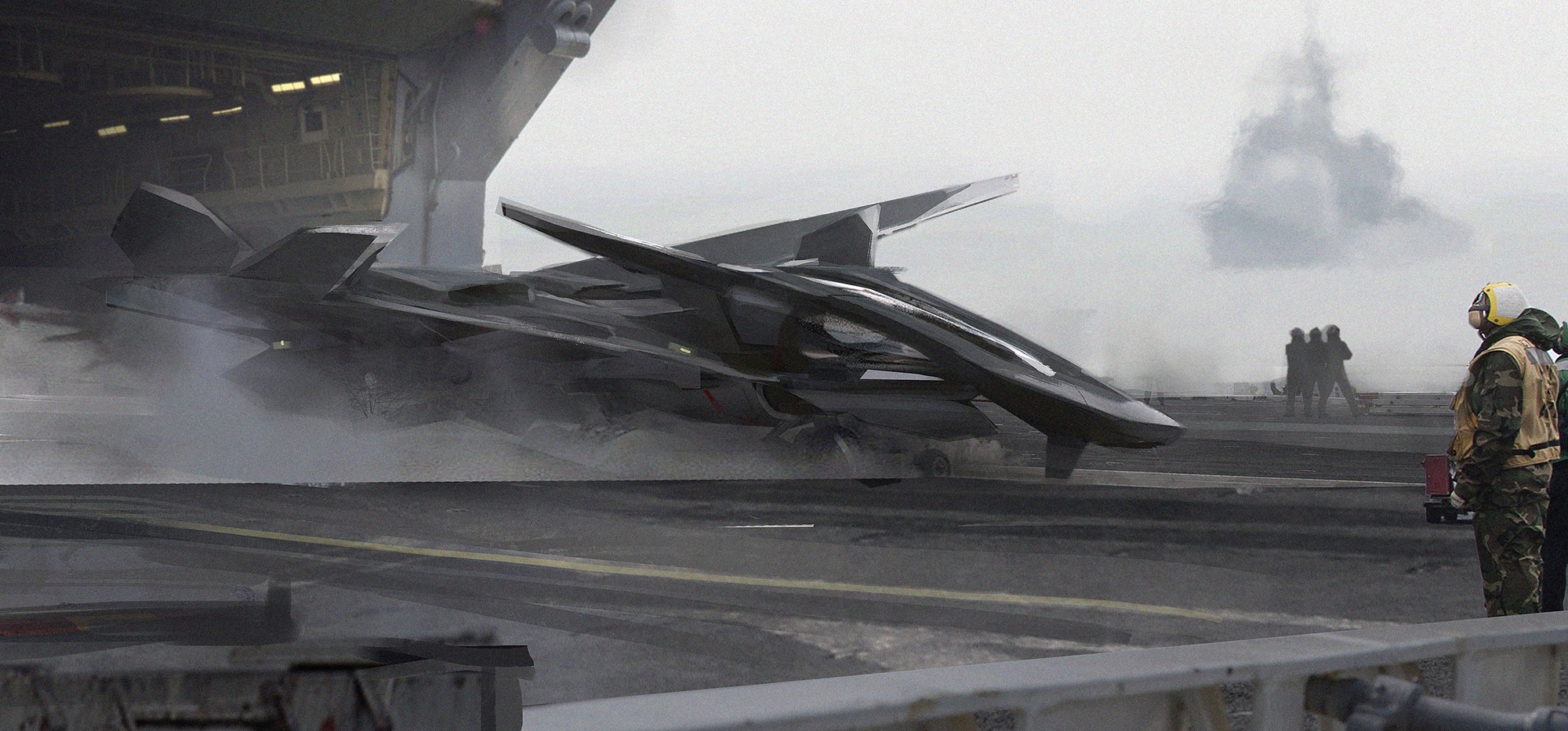 Science fiction aircraft on an aircraft carrier HD Wallpaper