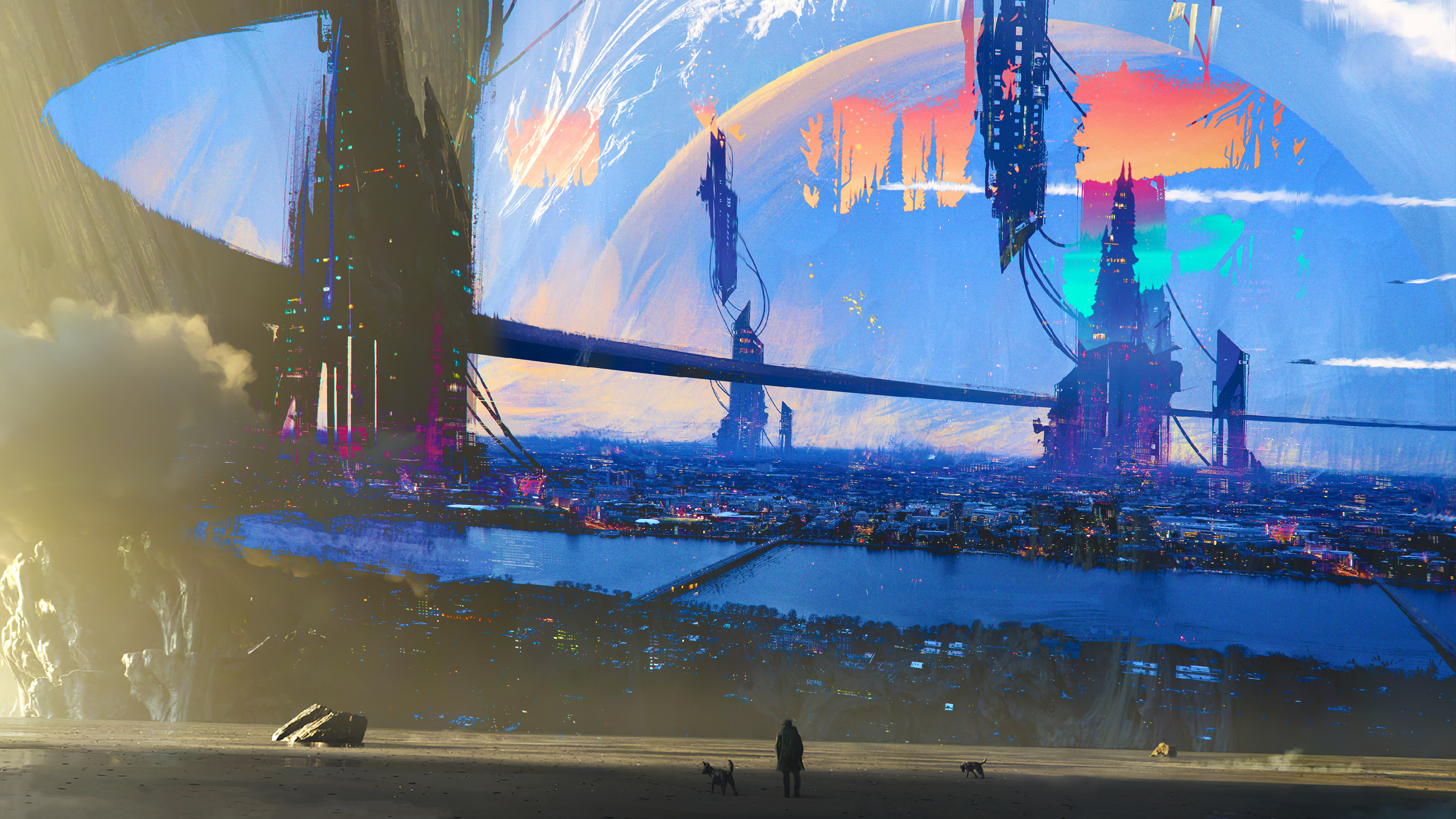 Futuristic Cityscape with a Planet and Desert Landscape HD Wallpaper