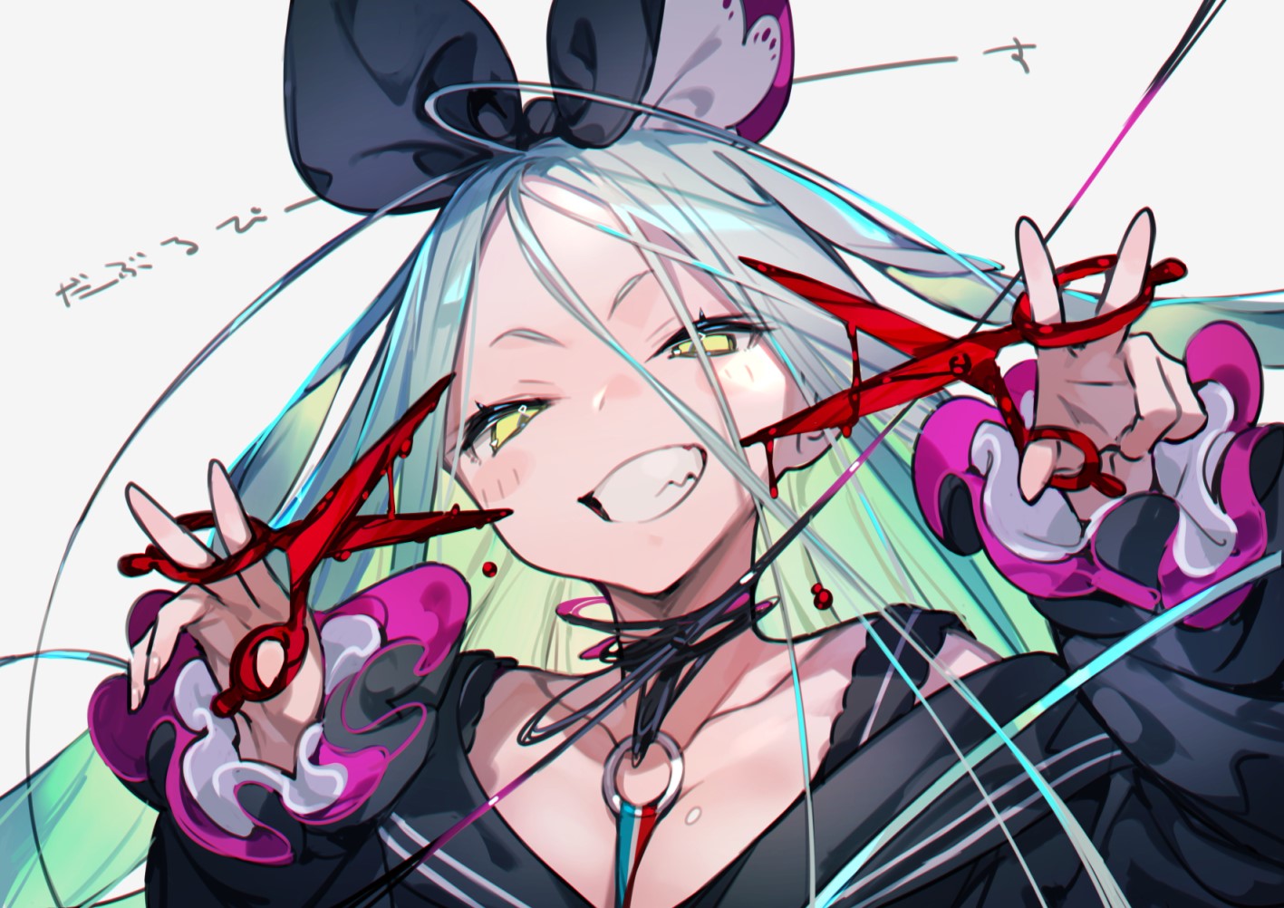 Anime girl with multi-colored hair and scissors HD Wallpaper