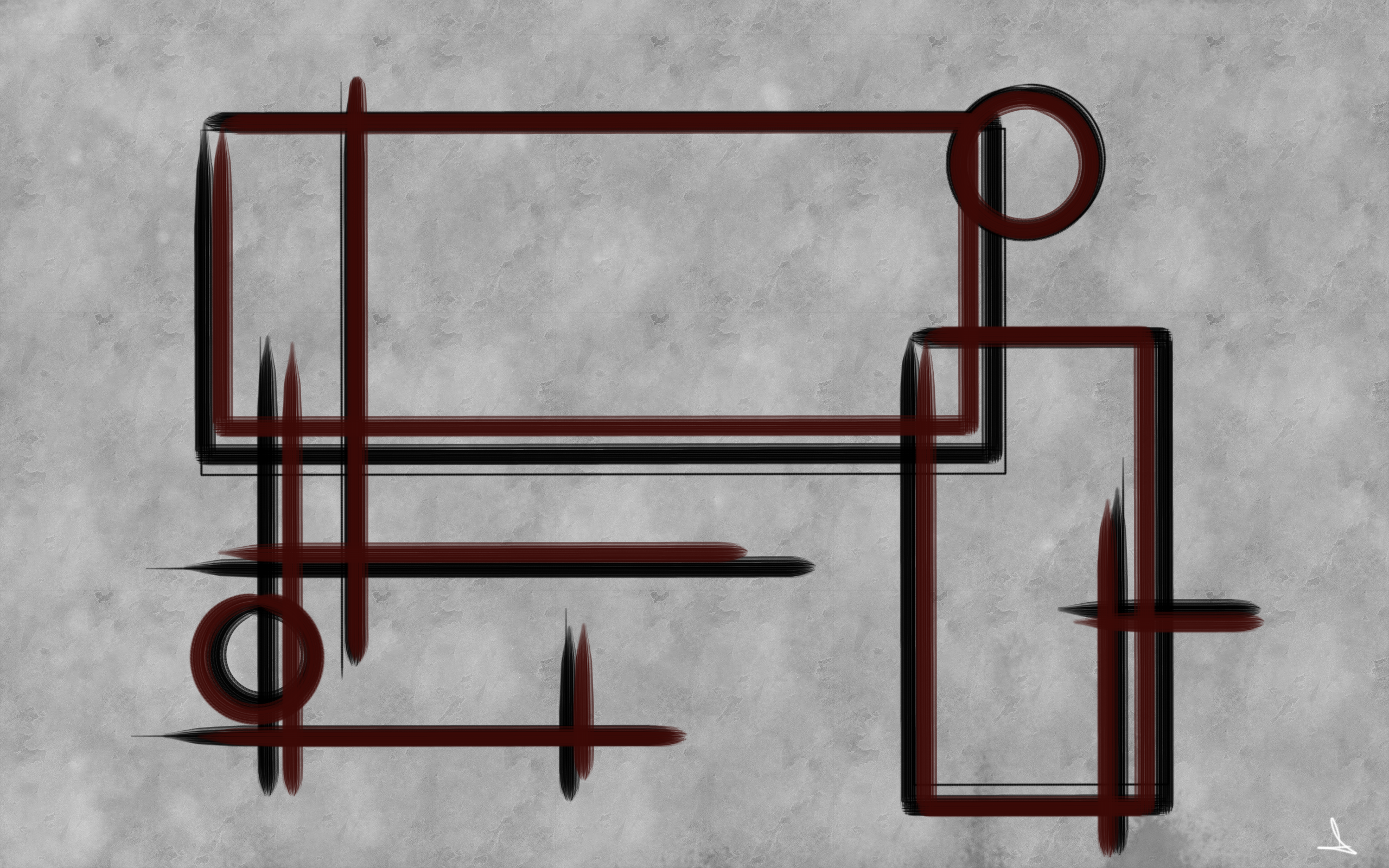 Abstract geometric artwork with red and black lines on textured gray background HD Wallpaper