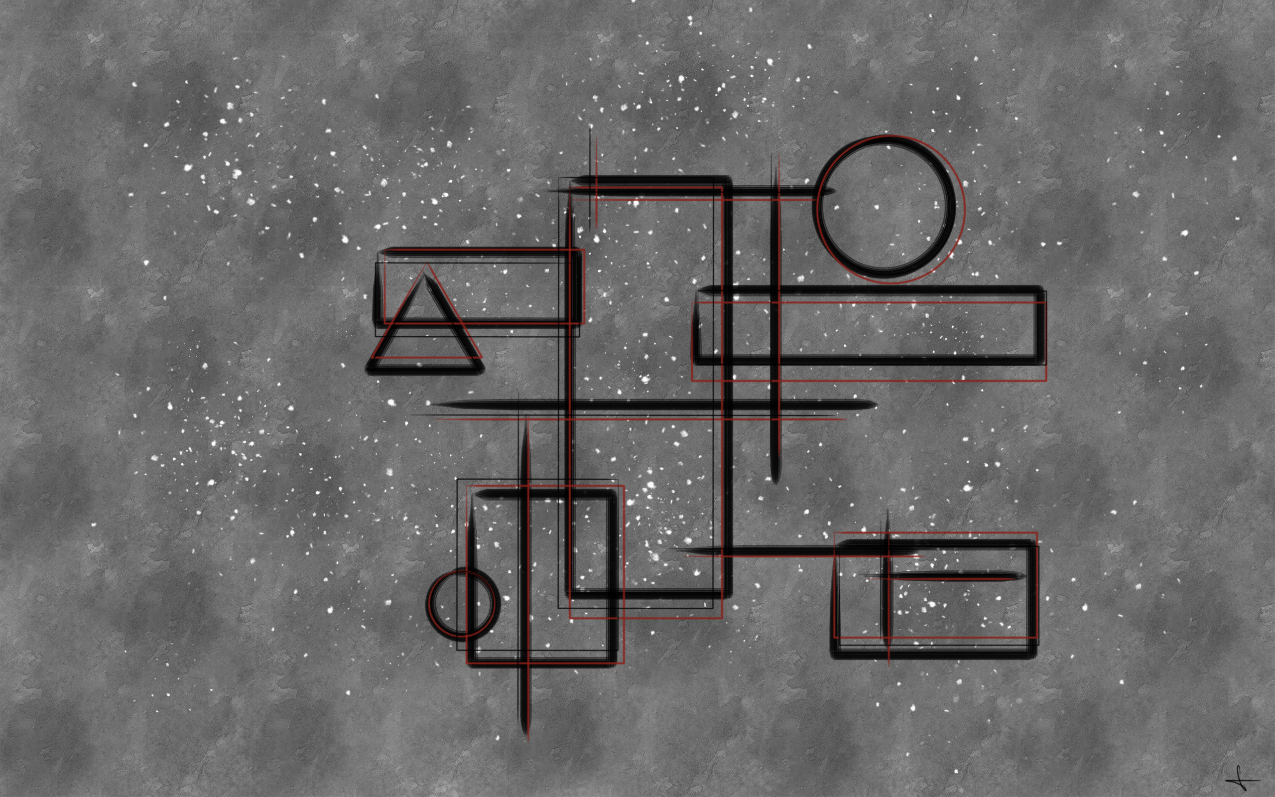Abstract geometric shapes with red outlines on a textured gray background HD Wallpaper