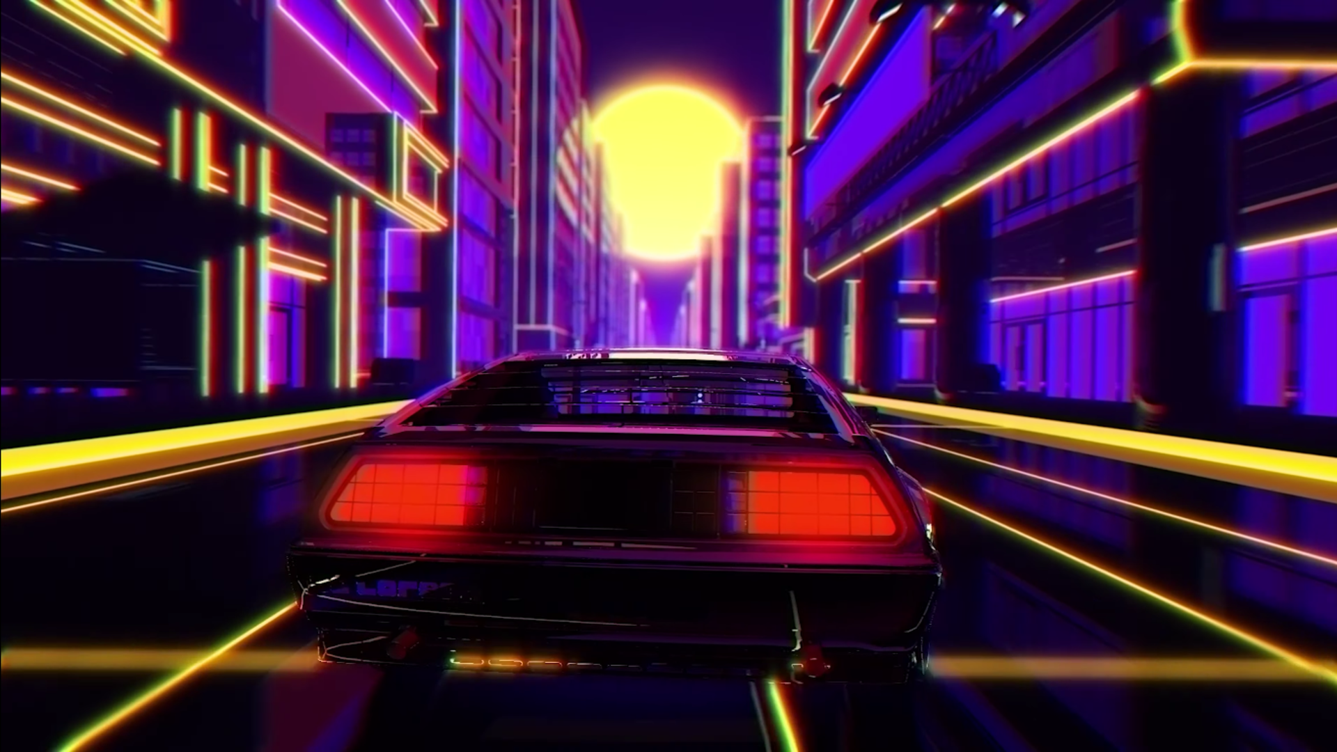 Retrowave DeLorean driving through a neon city at sunset HD Wallpaper