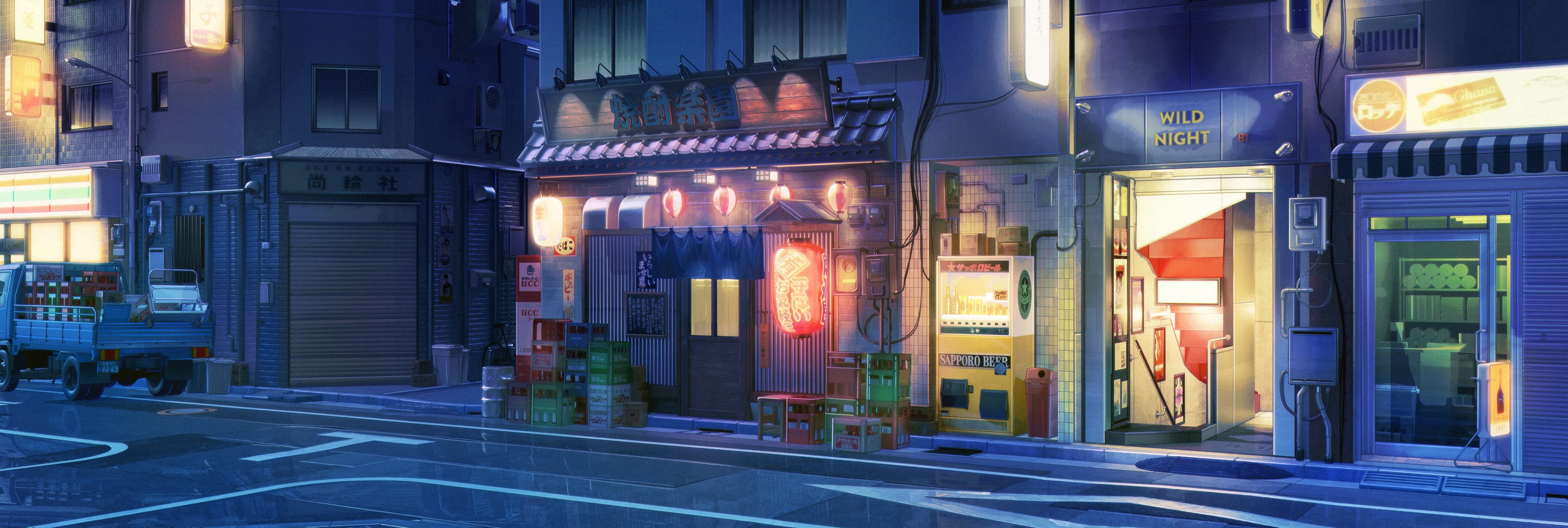 Night street scene with shops and a delivery truck HD Wallpaper