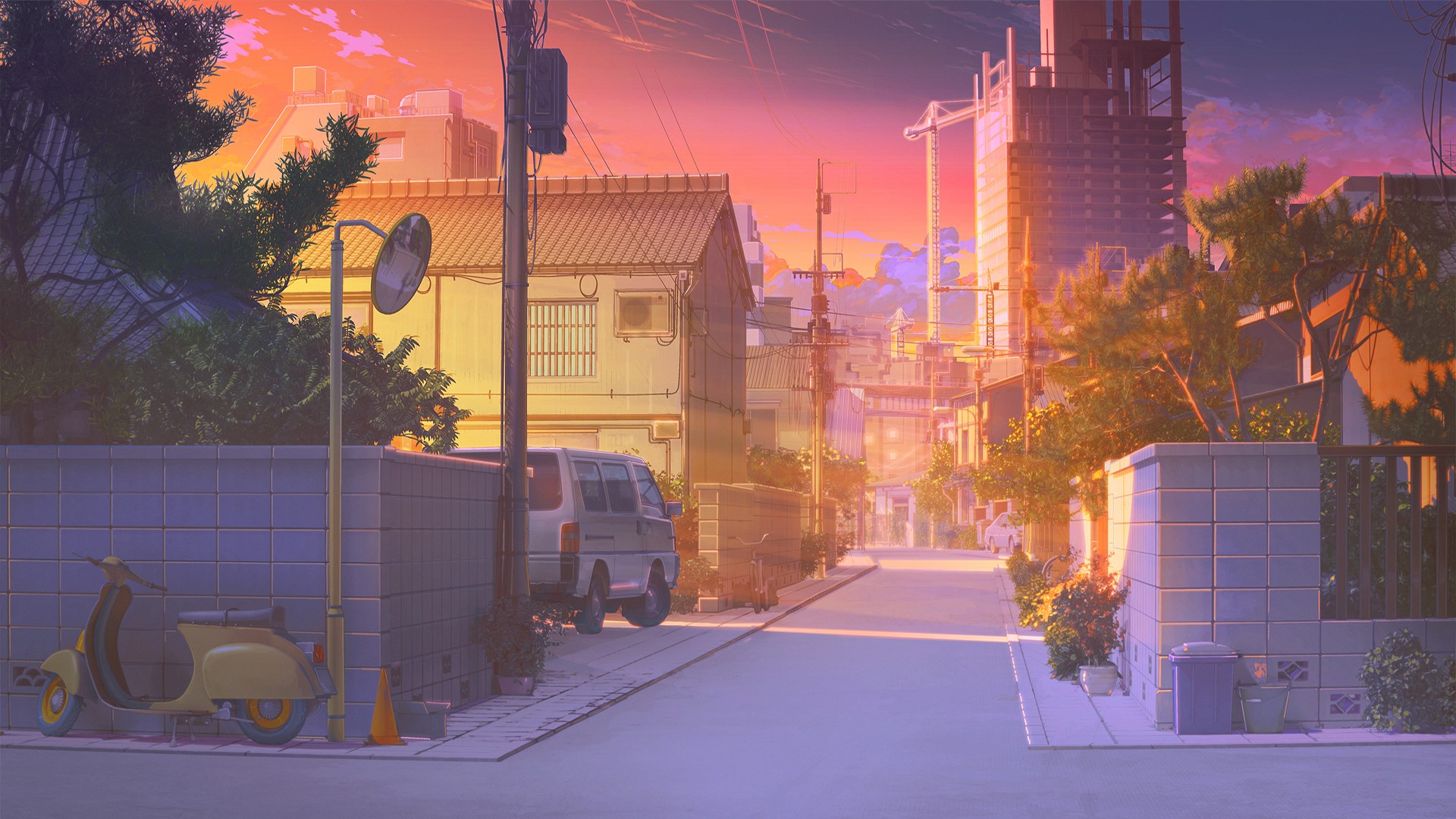 Anime street scene at sunset with buildings and vehicles HD Wallpaper