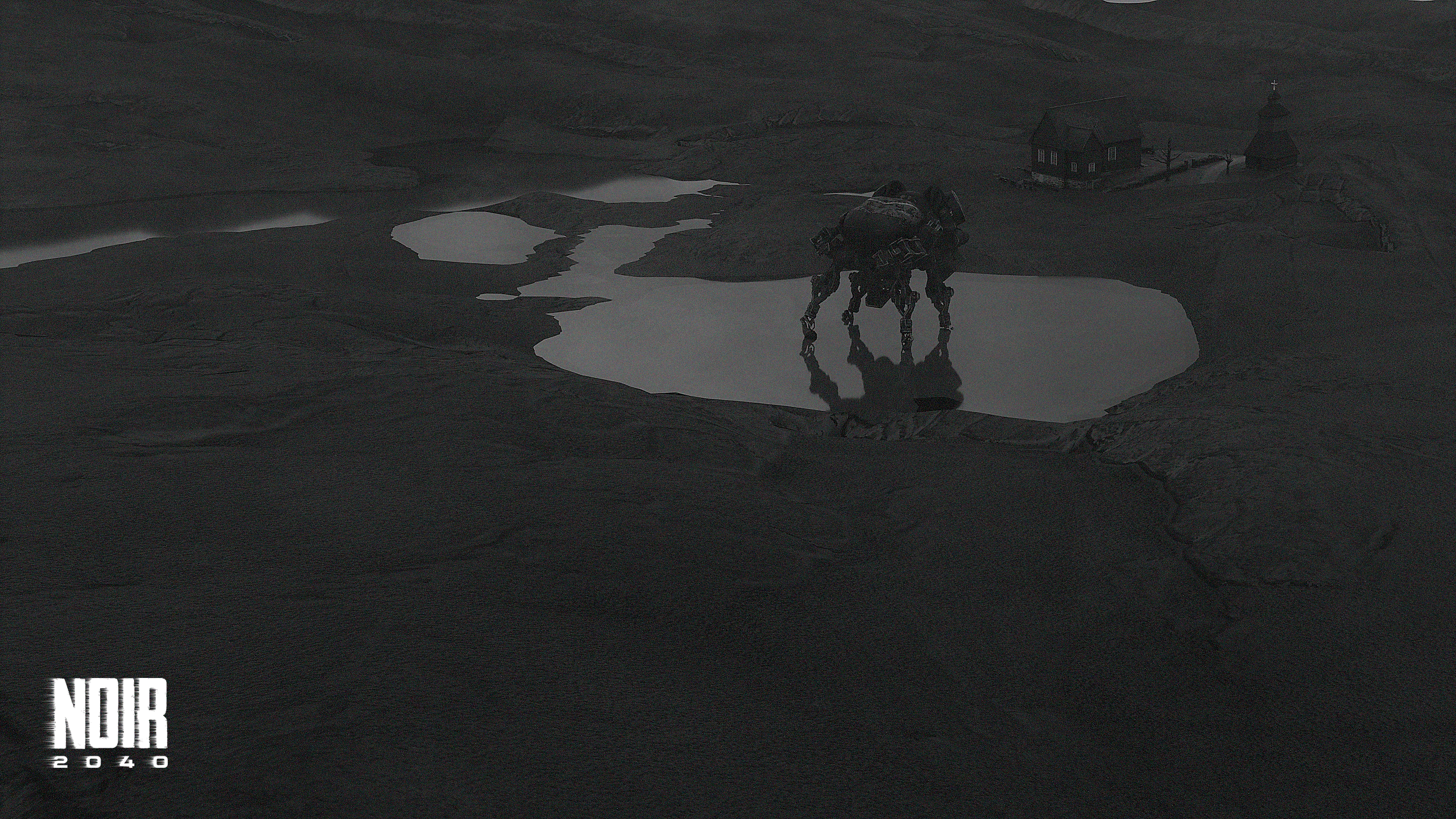 Robot in a desolate landscape with buildings HD Wallpaper