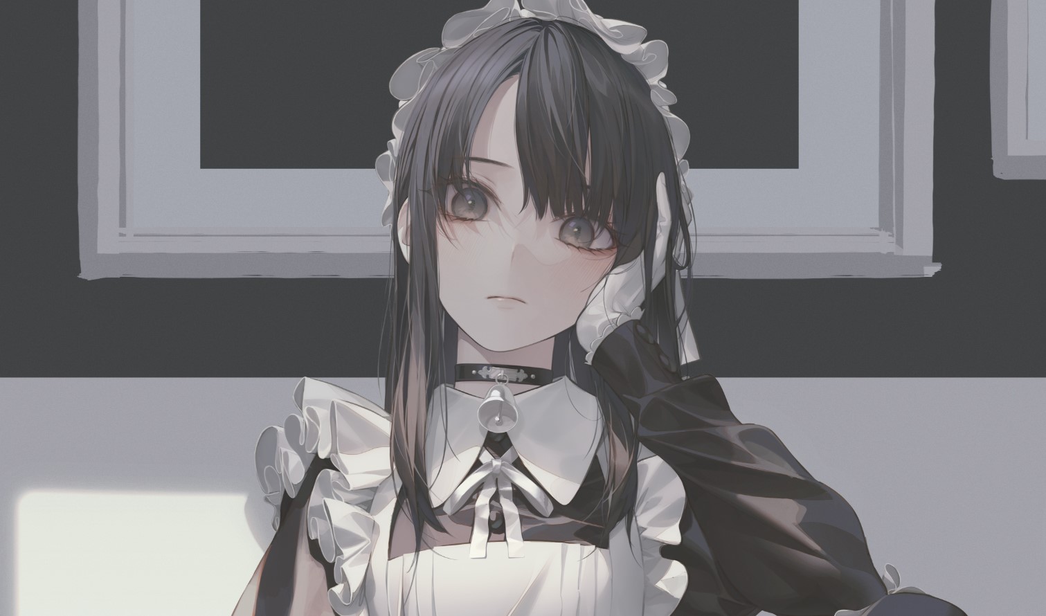 Anime girl in maid outfit with dark hair and dark eyes HD Wallpaper
