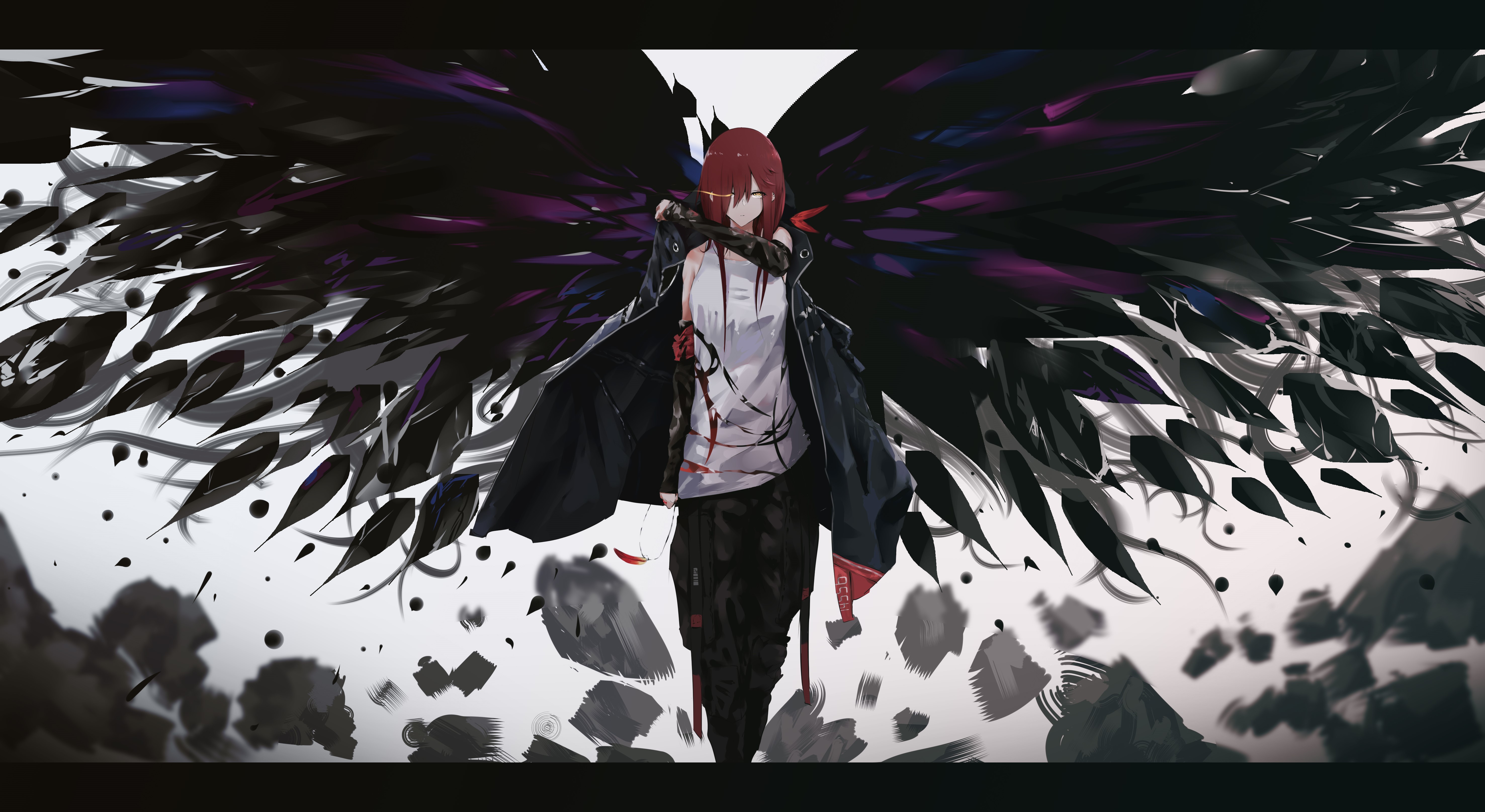 Anime girl with black wings from Arknights HD Wallpaper
