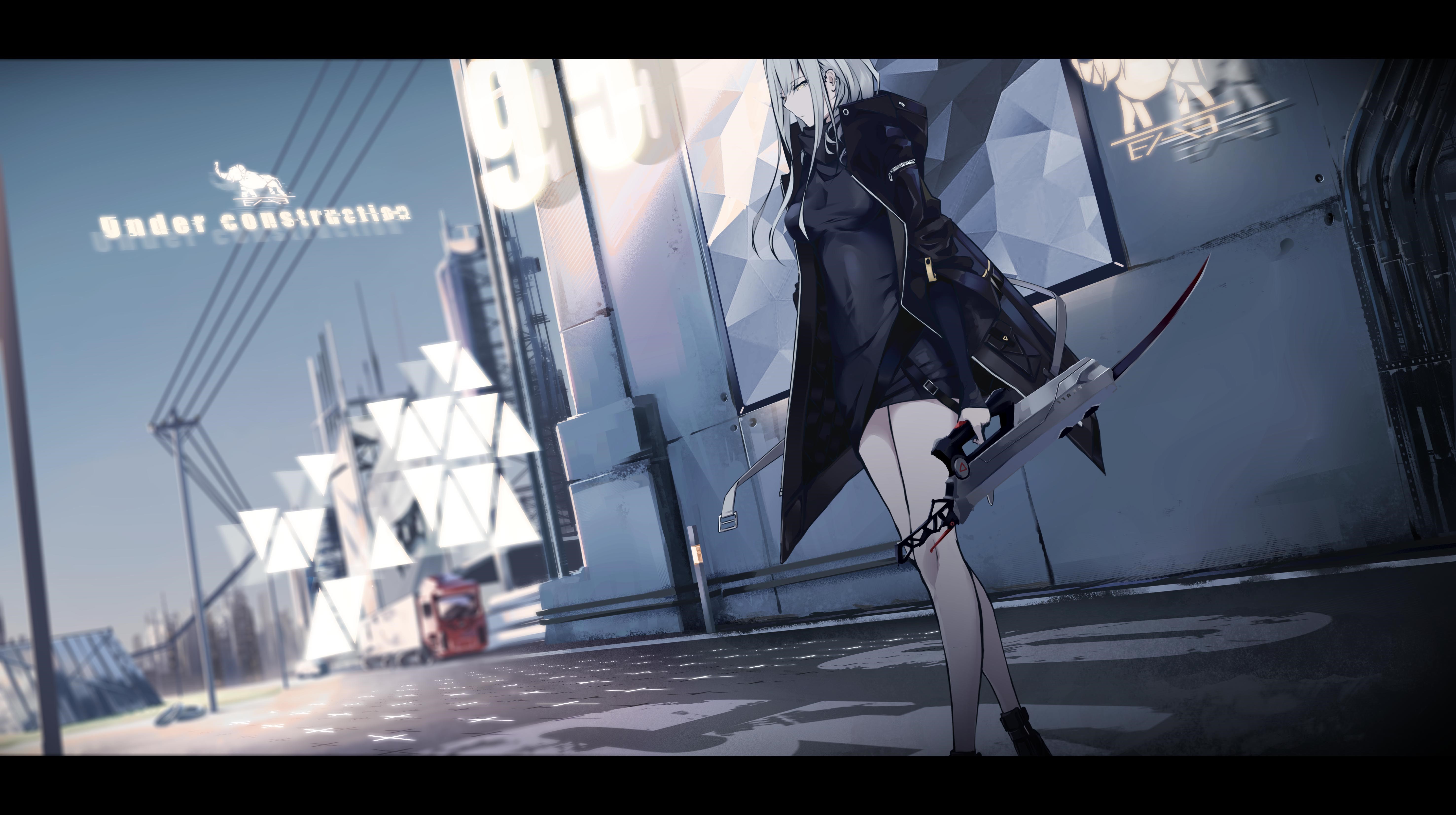 Girl with weapon in futuristic city HD Wallpaper