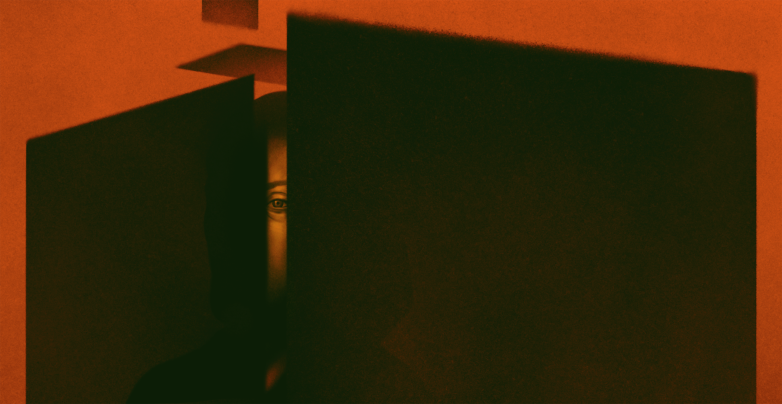 Woman peeking from behind dark panels HD Wallpaper