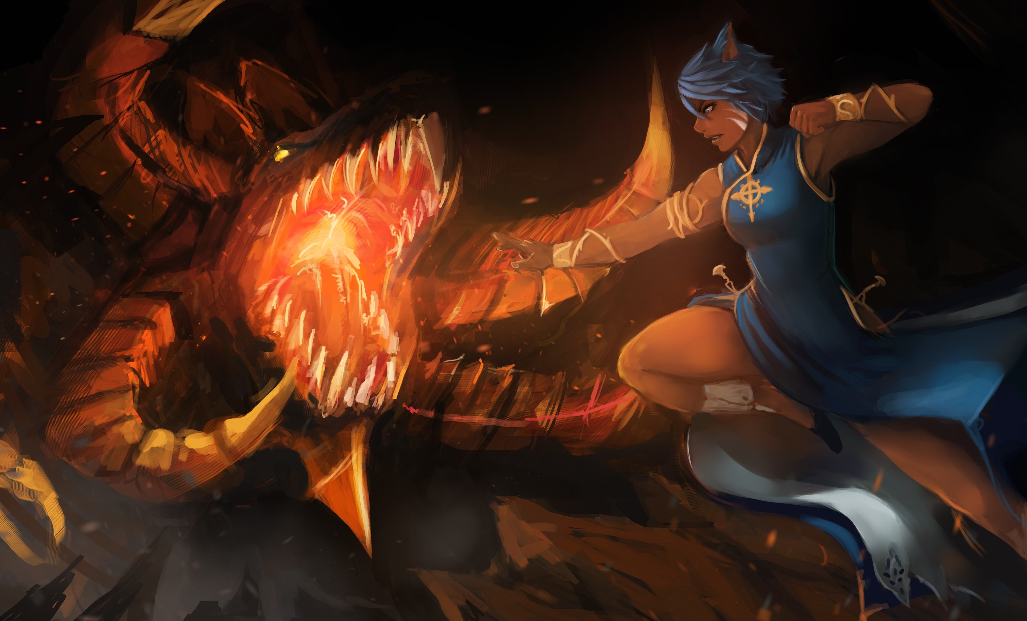 Cat girl fighting a dragon in Final Fantasy XIV HD Wallpaper