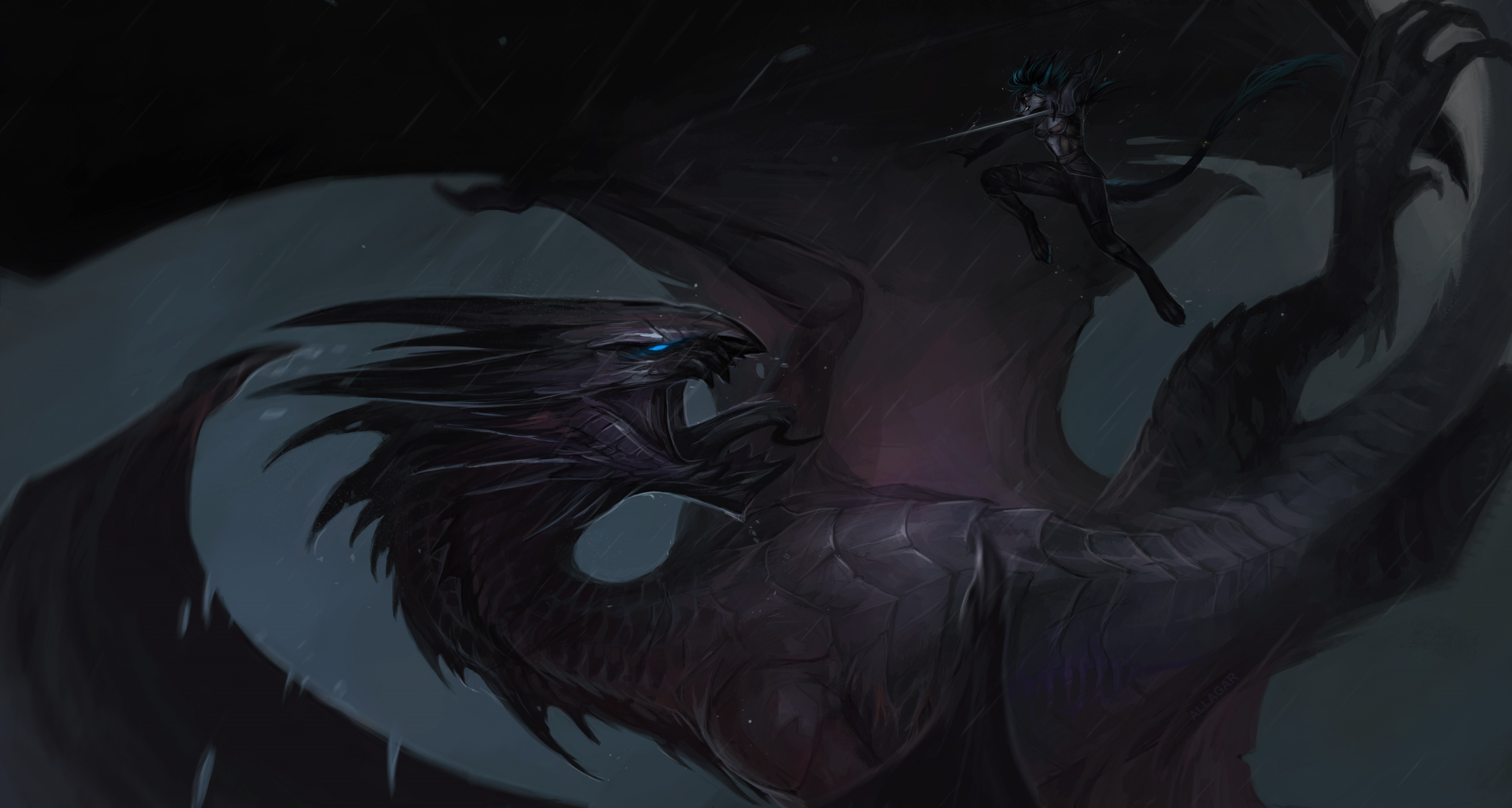 Girl with sword fighting a dragon HD Wallpaper