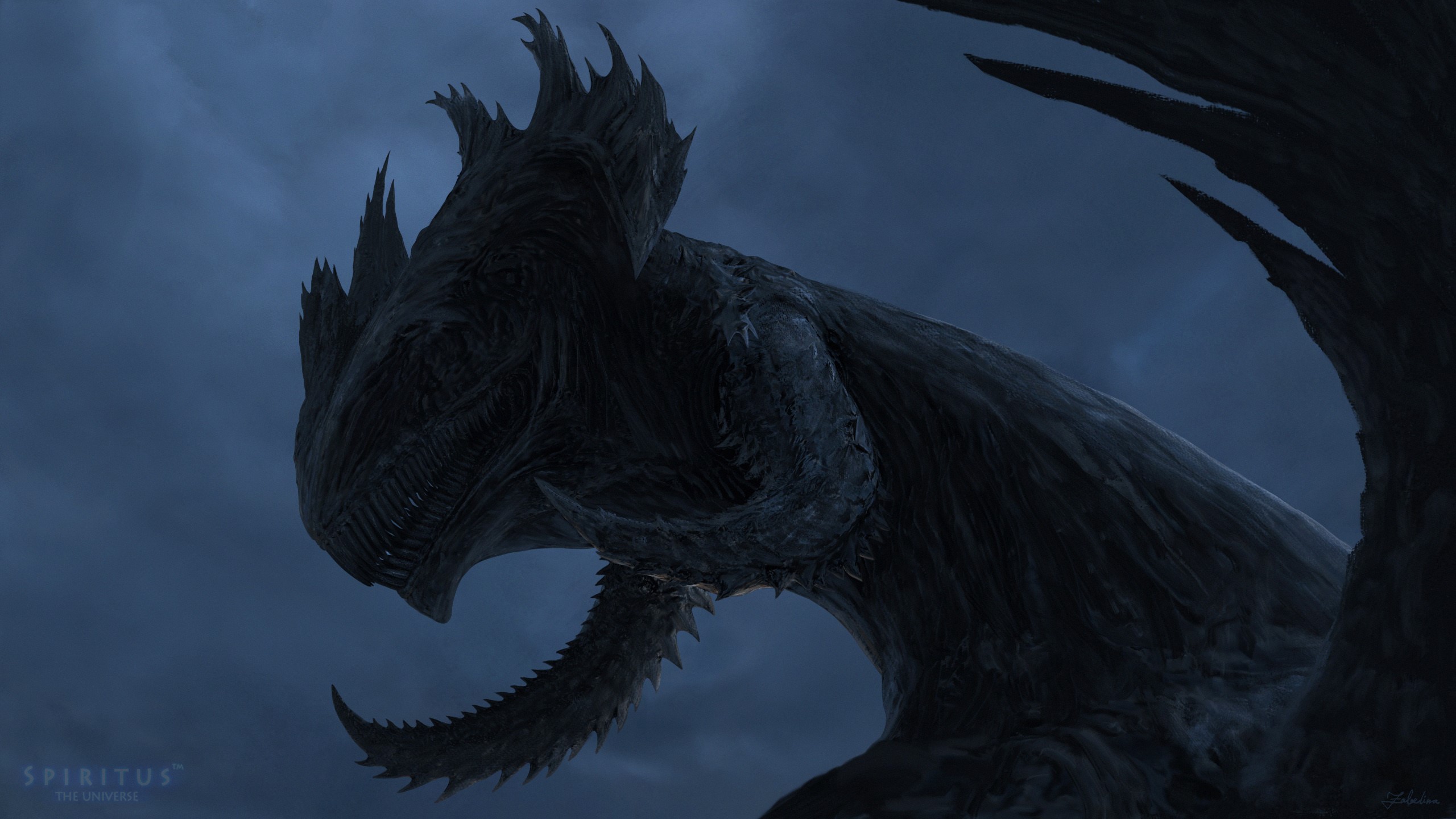 Dark fantasy dragon with spiky features HD Wallpaper